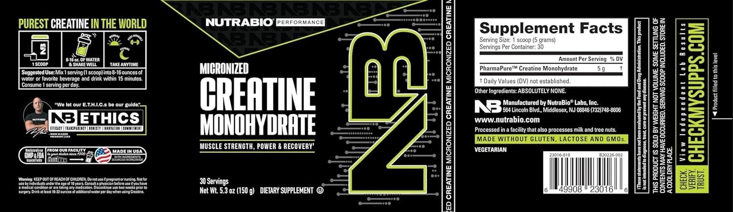 NUTRABIO CREATINE MONOHYDRATE POWDER Micronized Muscle Strength Power 150 Grams