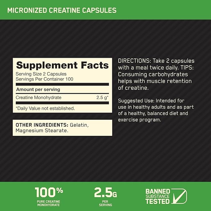 Optimum Nutrition Micronized Creatine Monohydrate Capsules 200 Caps Exp 05/2028