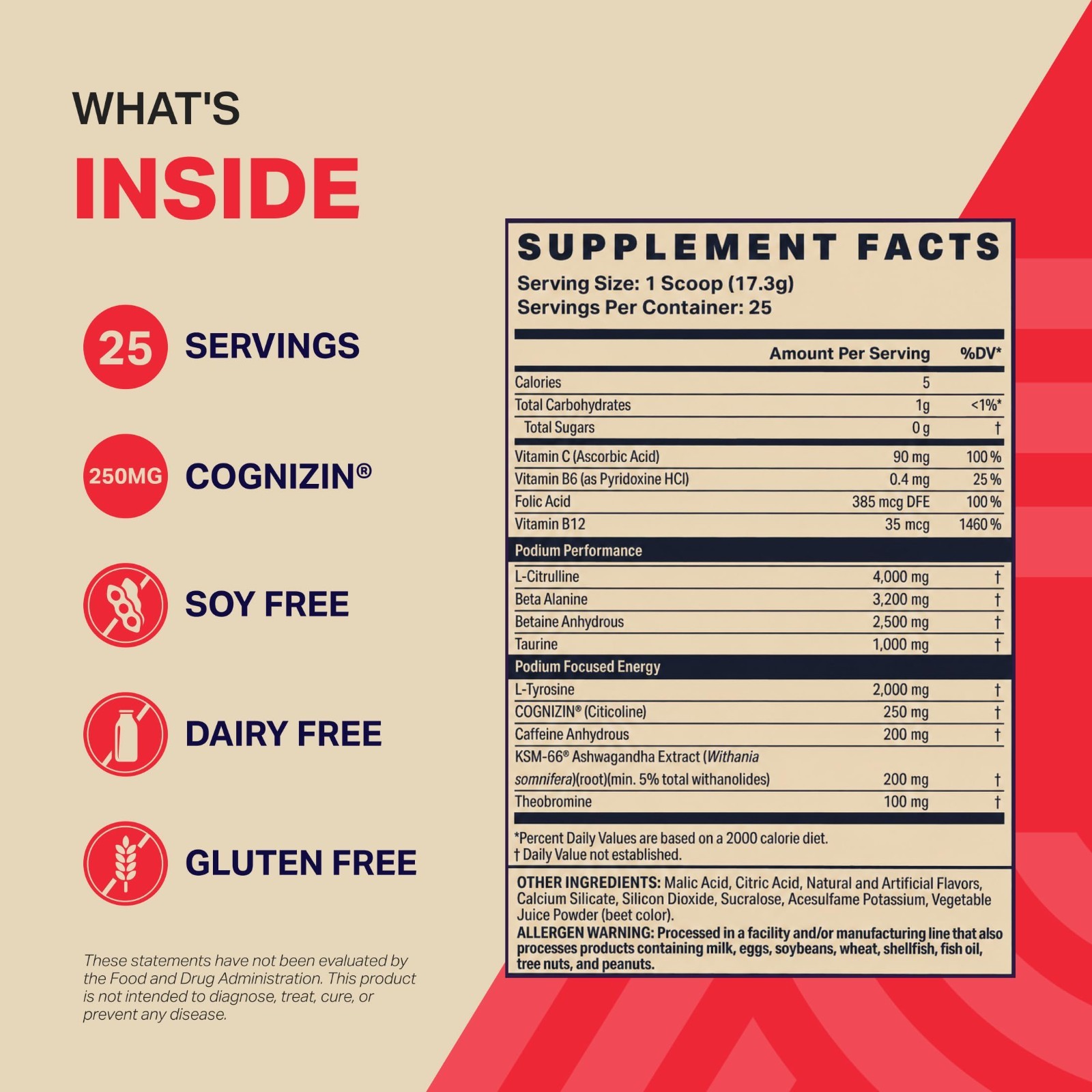 Pre Workout Powder – Sour Watermelon, 25 Servings, Beta Alanine & Caffeine, Glut