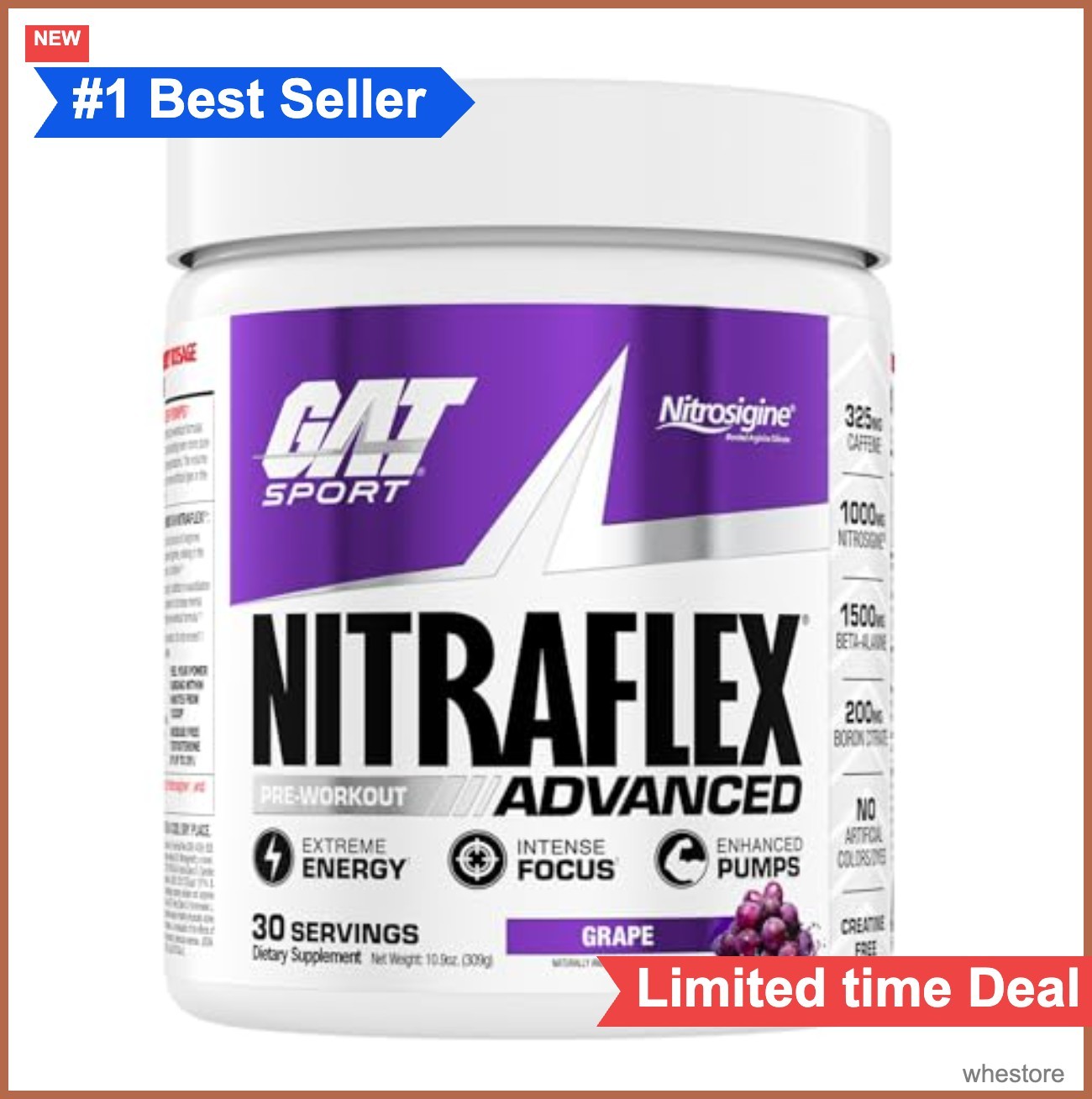 Pre-Workout Powder Grape 30 Servings Creatine-Free Energy Focus Nitrosigine
