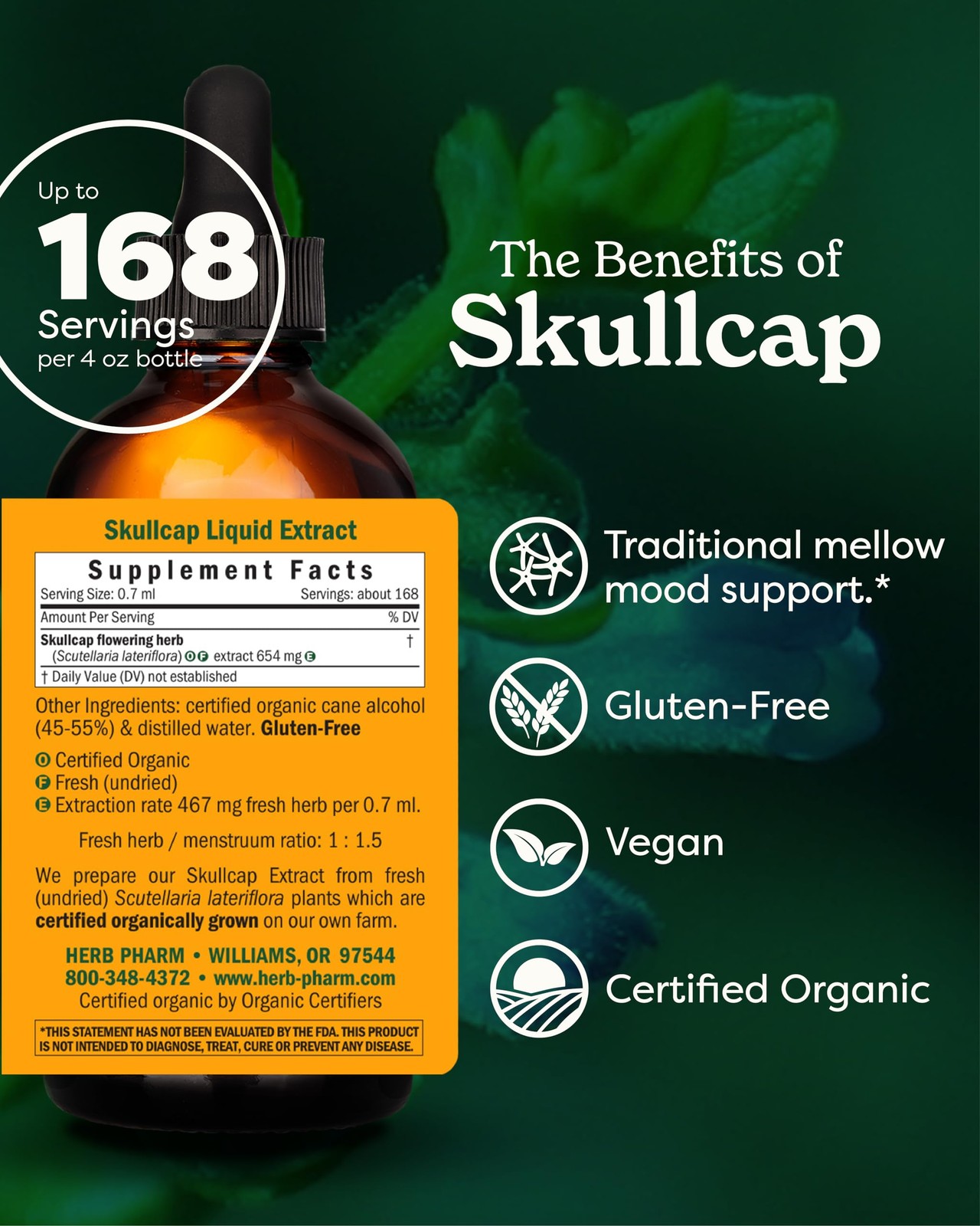 Herb Pharm Certified Organic Skullcap Liquid Extract Nervous System Support 4oz
