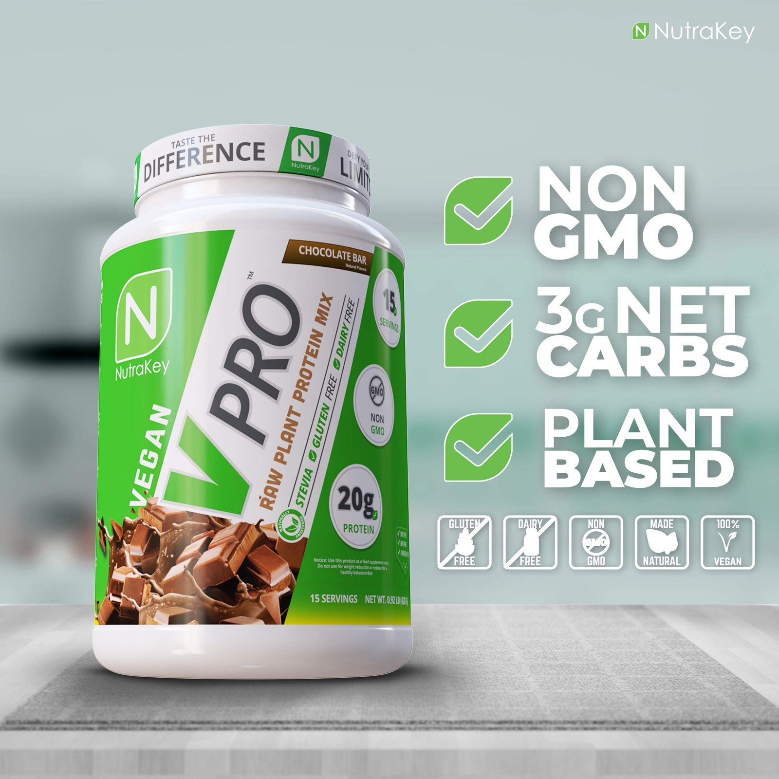 NutraKey V-Pro Raw Plant Protein Powder – Organic, Vegan, Low Carb, Gluten-Free