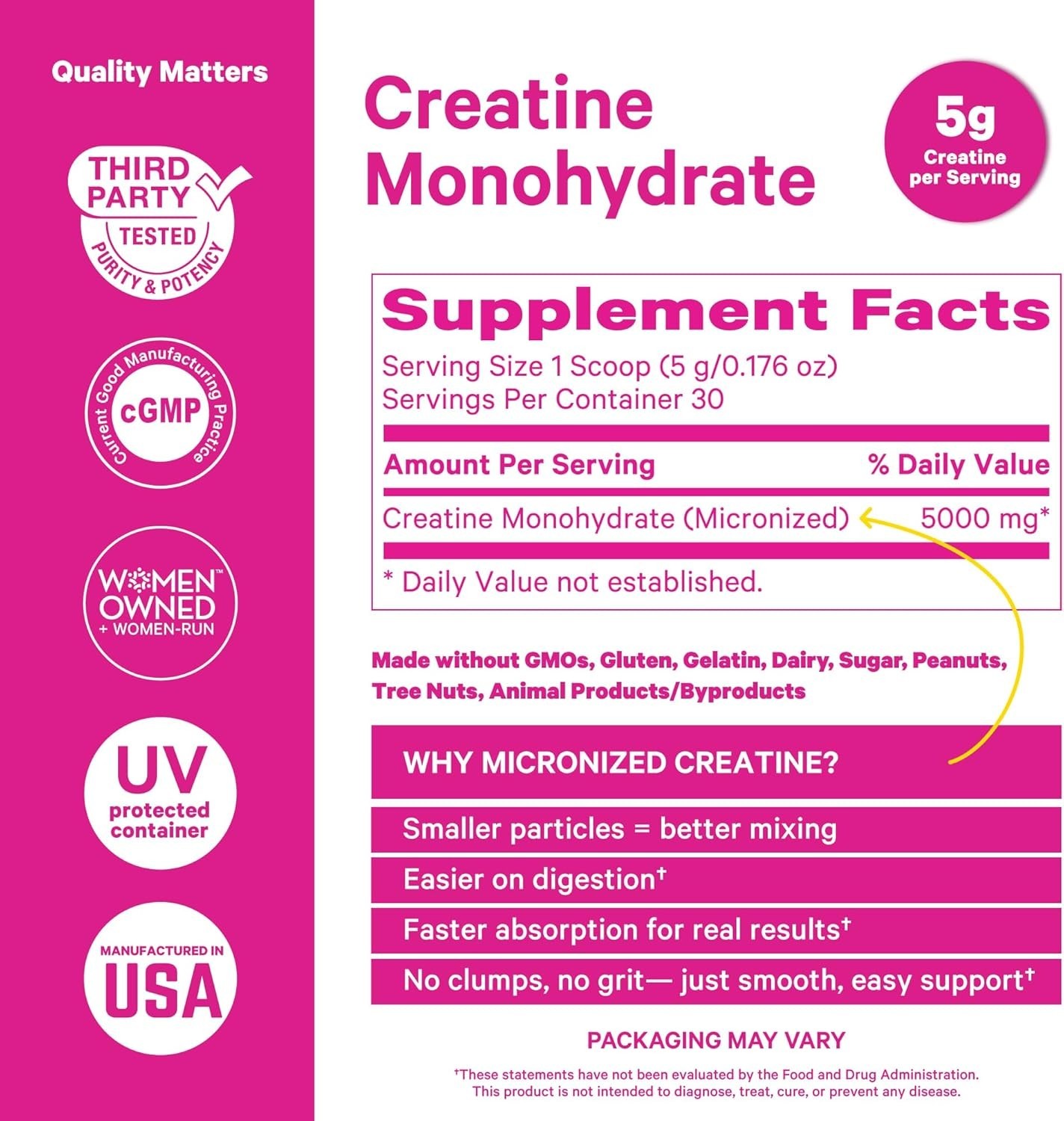 Pink Stork Creatine Powder – By Women for Women – 5g Unflavored – 5.29 oz.