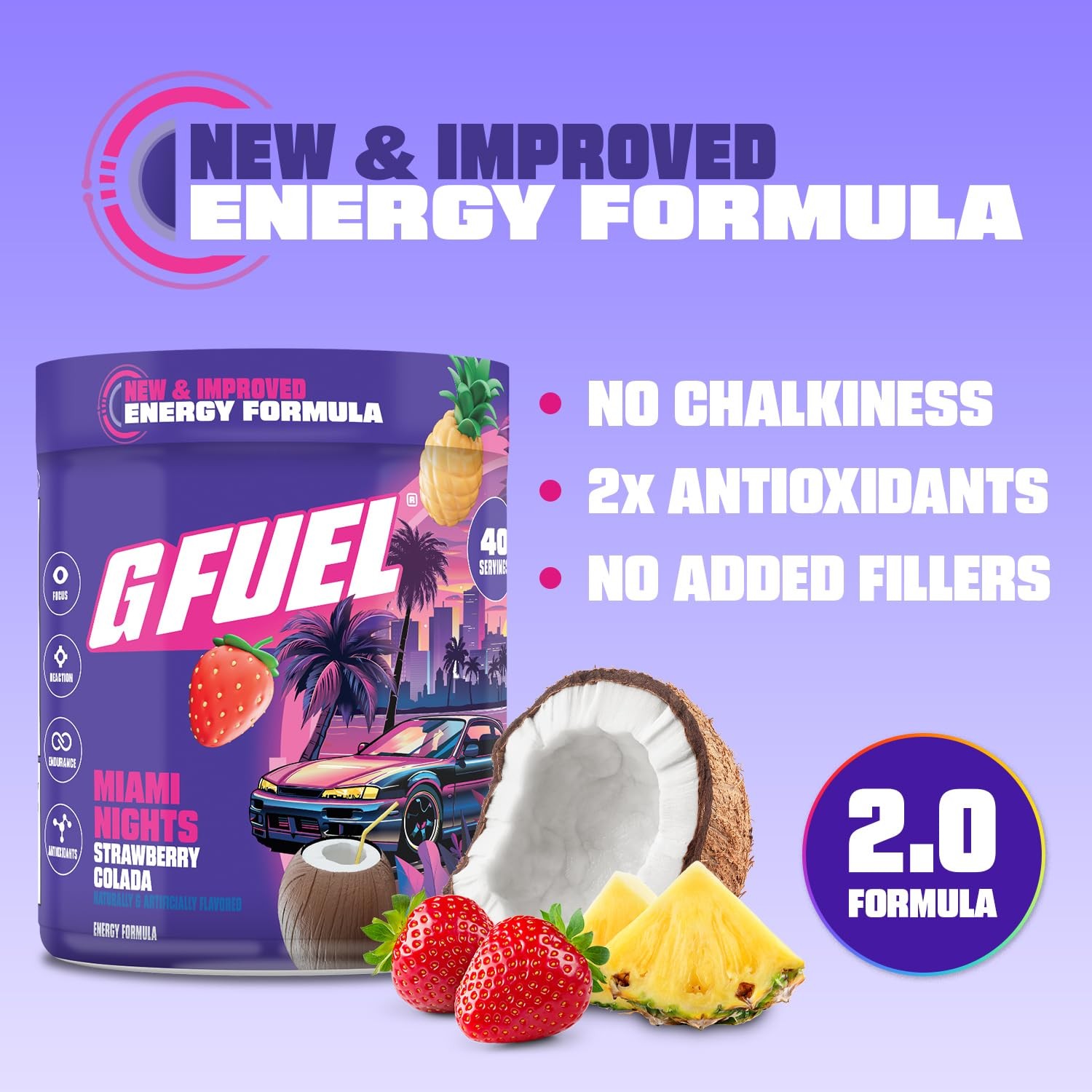 Energy Drink Powder 9.8oz Sugar Free Gaming Focus G Fuel Miami Nights Workout