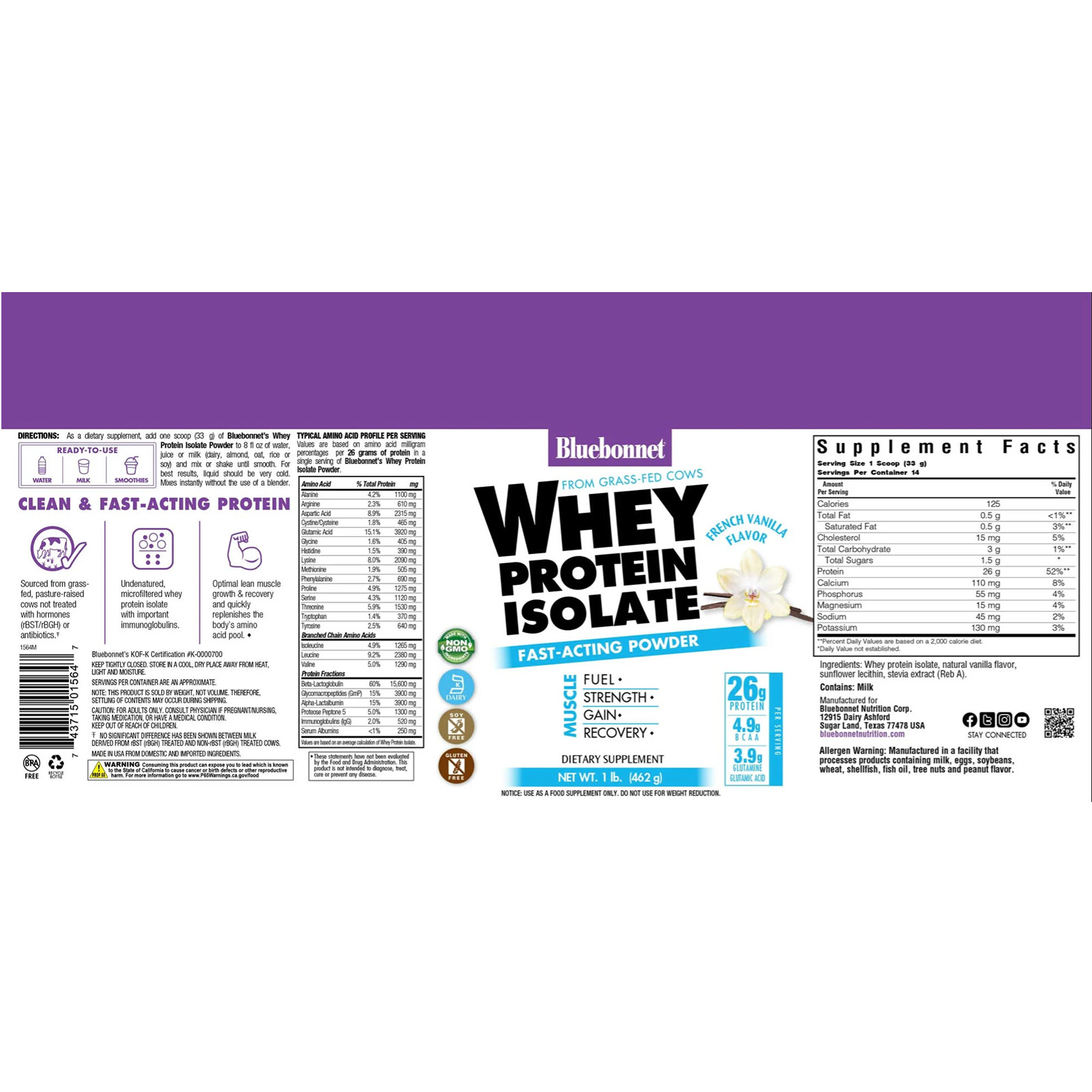 Bluebonnet Whey Protein Isolate Powder French Vanilla 1 lbs