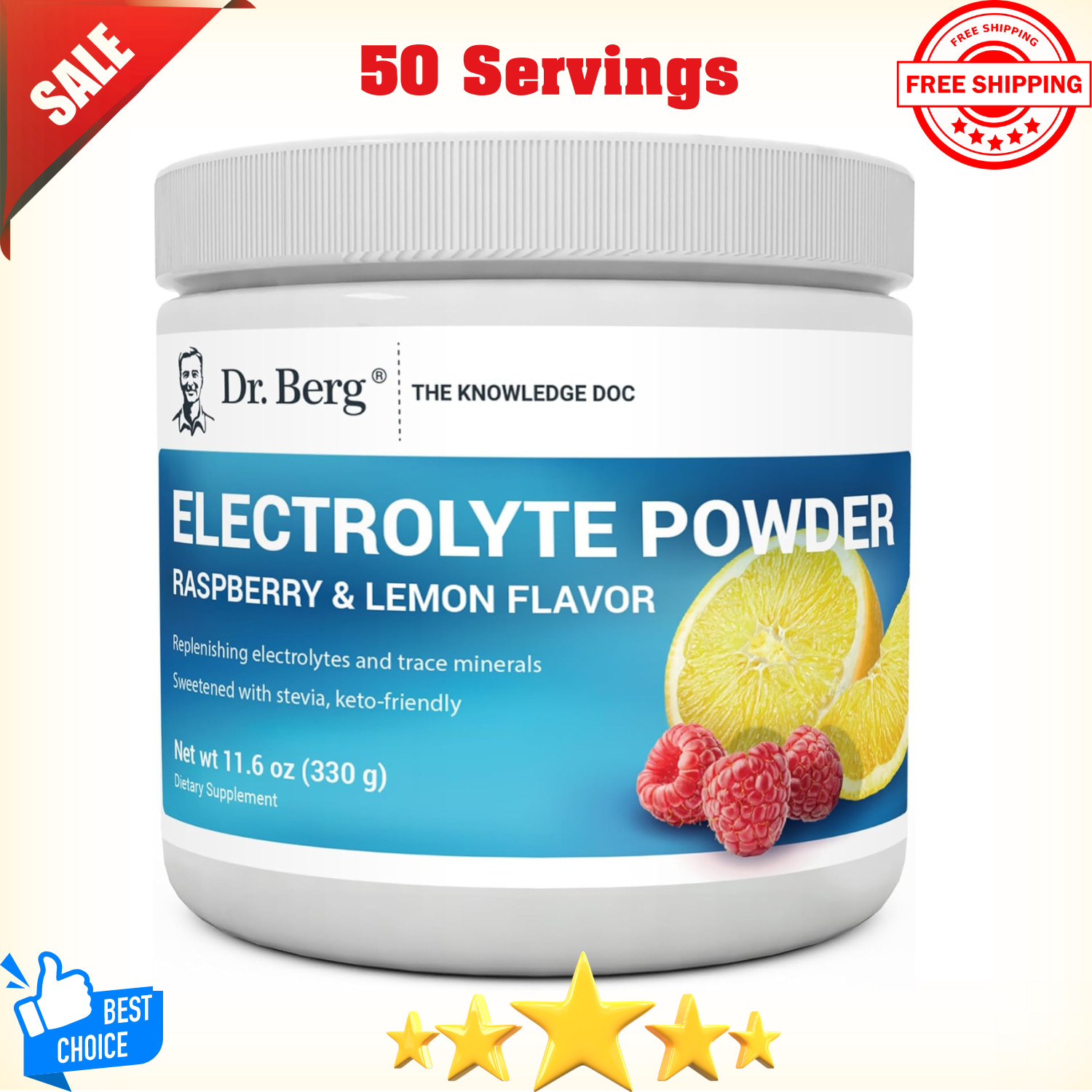 Dr. Berg Electrolyte Powder, Raspberry & Lemon, Hydration Drink Mix,50 Servings