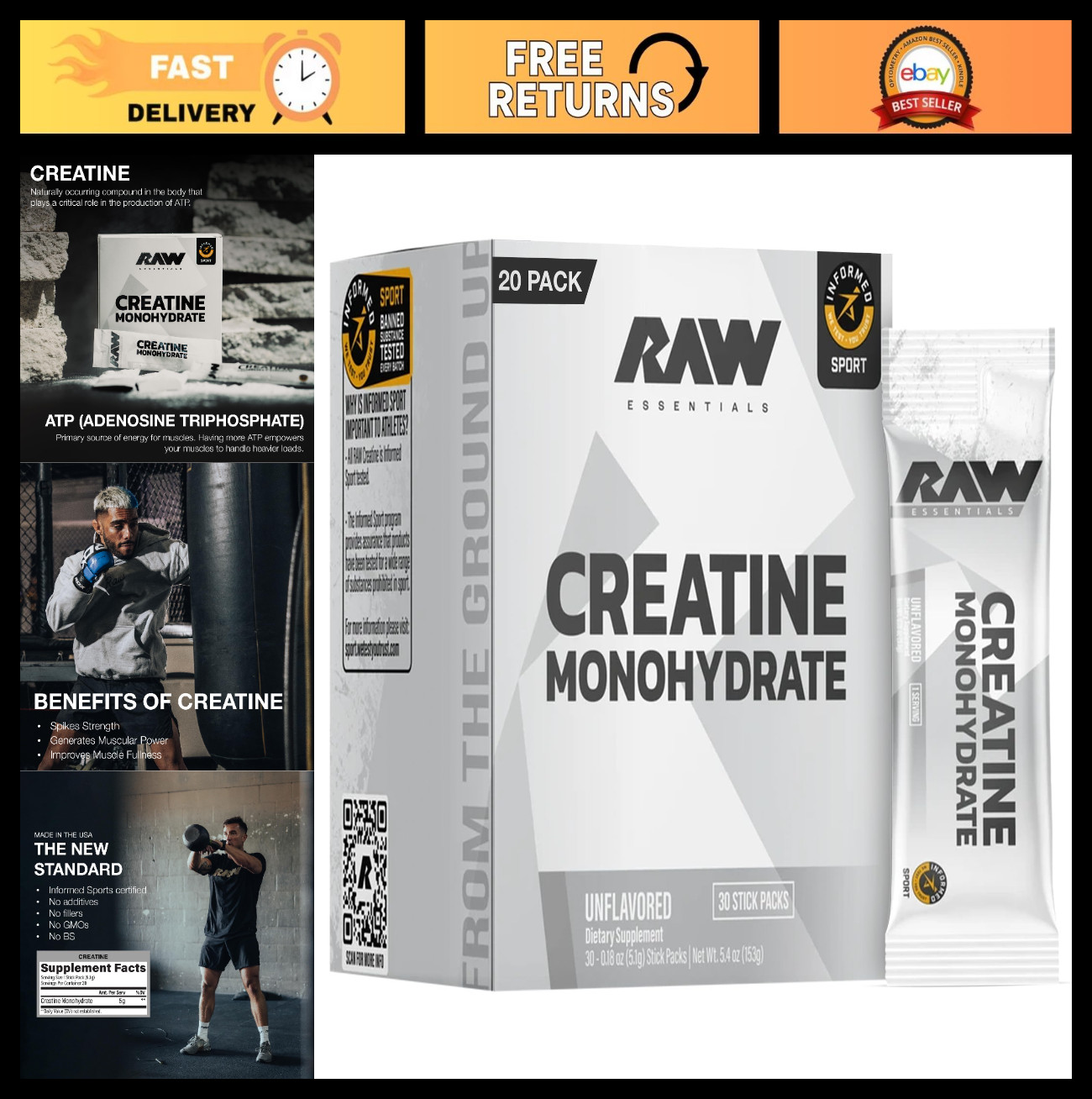 Creatine Monohydrate Stick Packs – Unflavored 5g, Muscle Strength & Recovery Sup