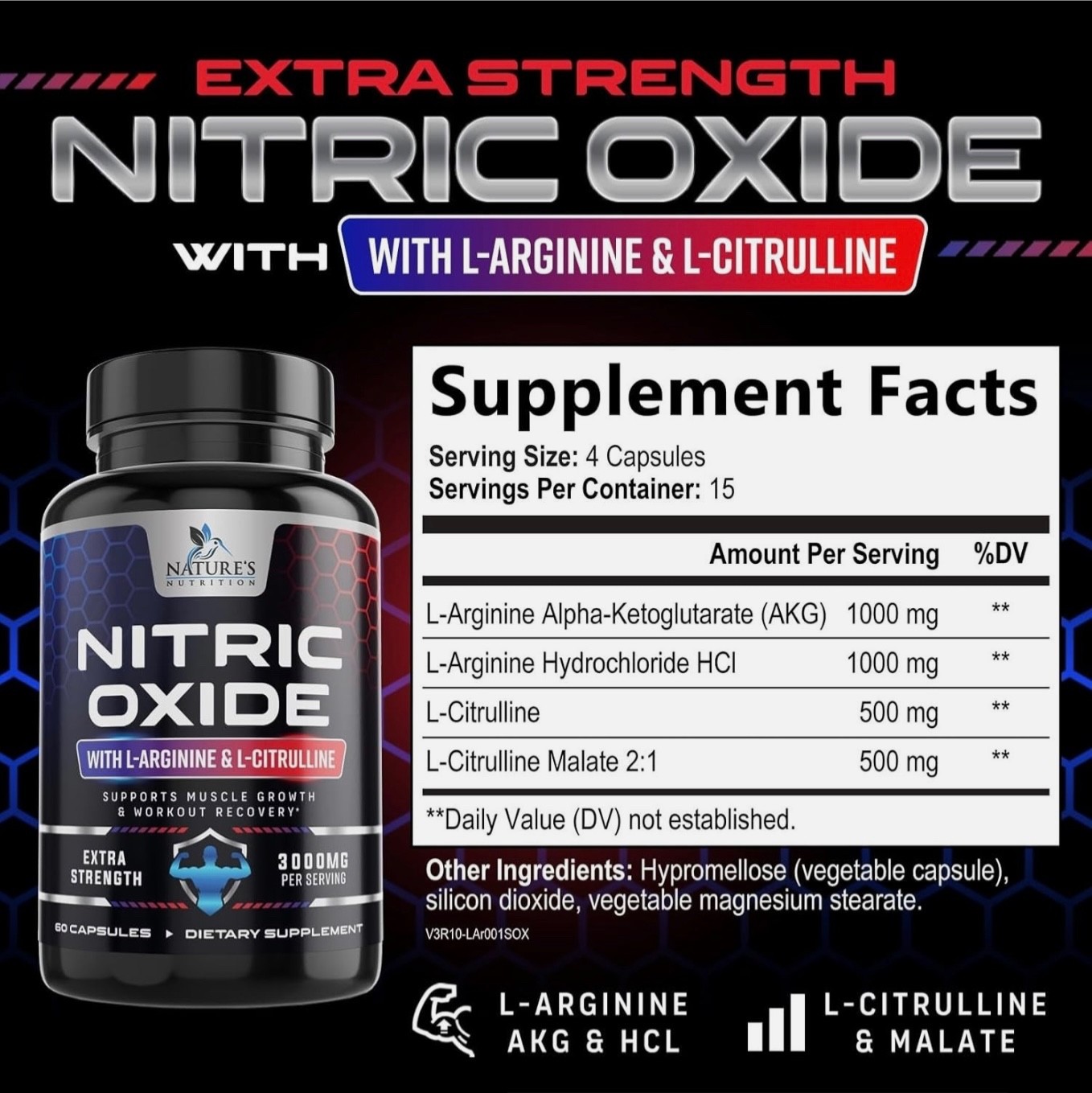Nitric Oxide Booster 3000mg L-Arginine 3X Extra Strength Capsules