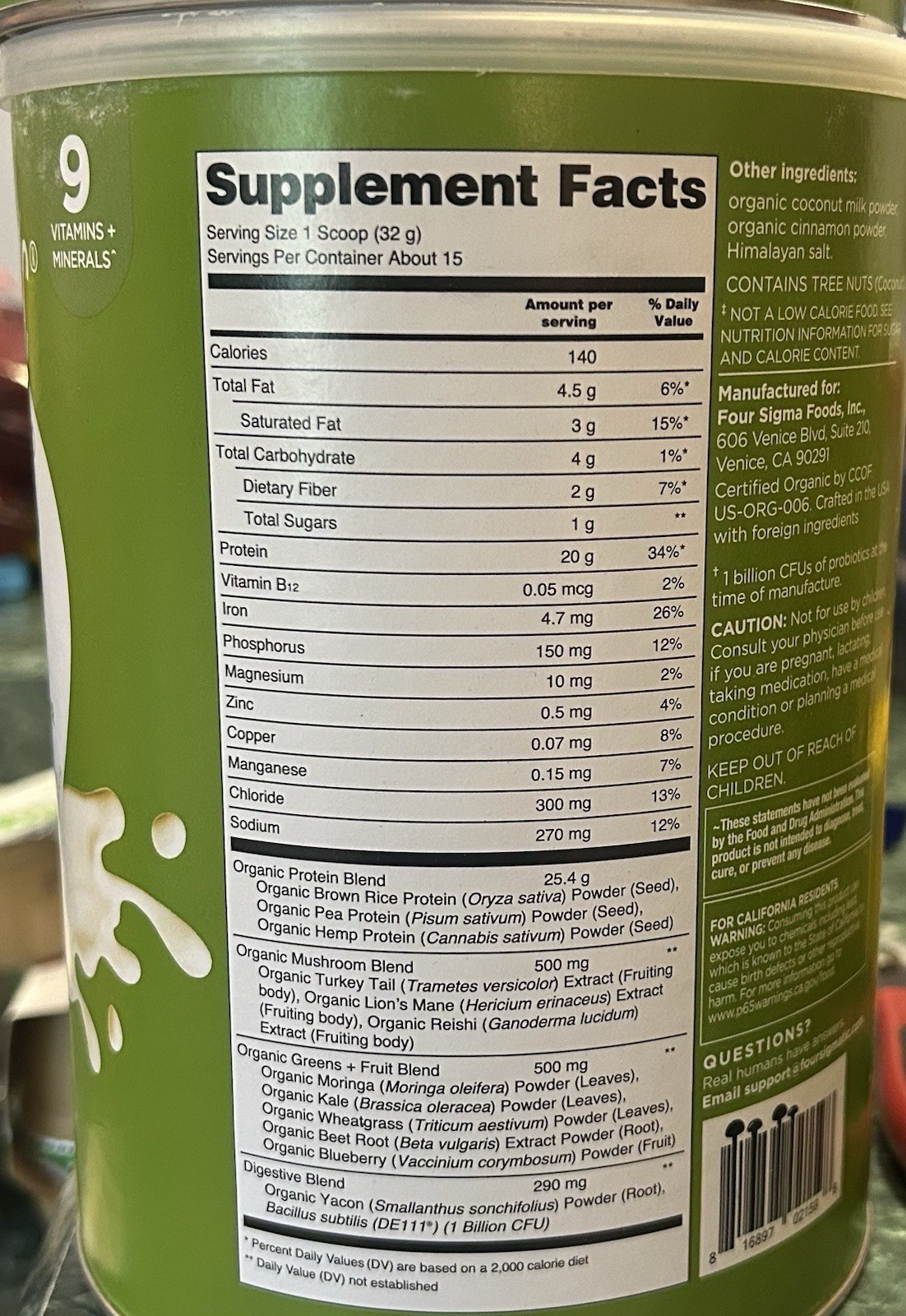 Four Sigmatic Organic Plant-Based Protein Powder Unflavored Unsweetened
