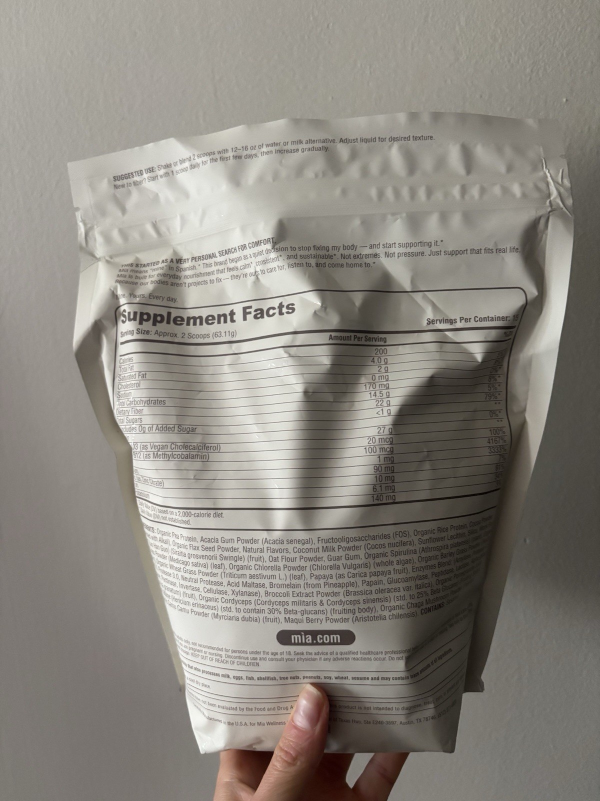 Mia Fiber + Protein Powder Chocolate 2 lb 15 Serv Vegan Gluten-Free Digestion