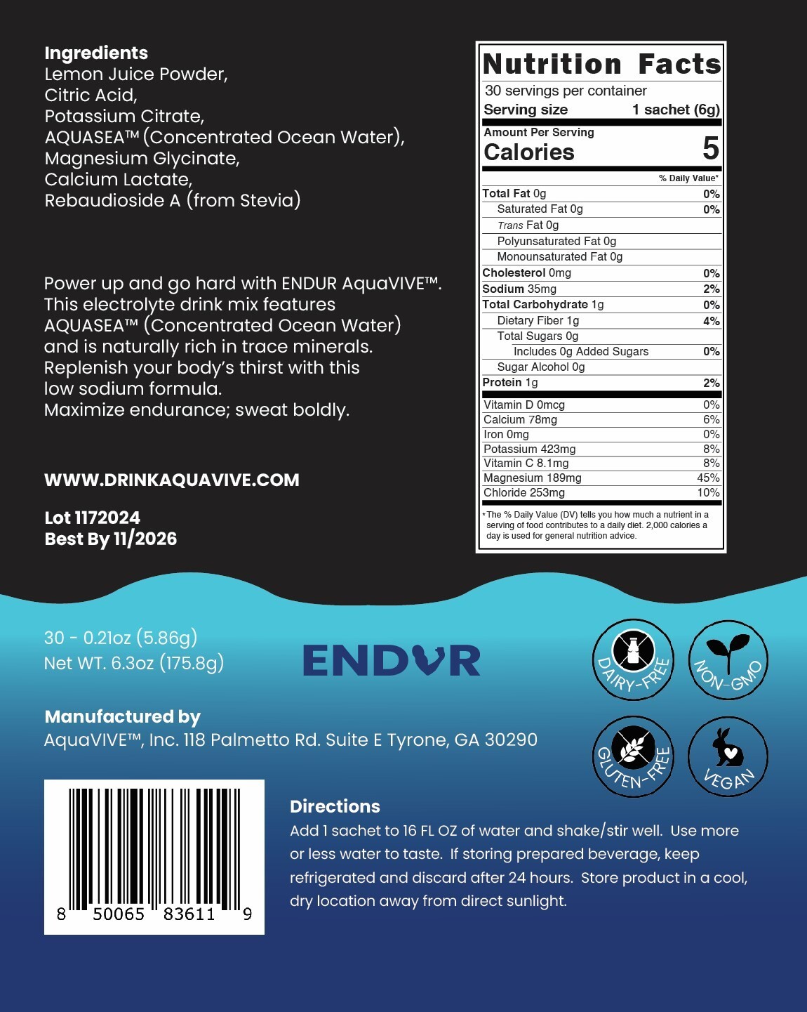 AquaVIVE™ ENDUR™ Lemon Electrolyte Powder Drink Mix Magnesium Glycinate 30 Packs