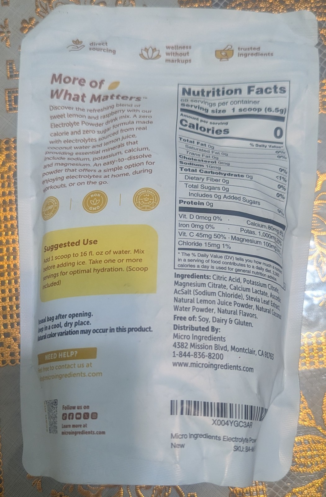 Micro Ingredients Electrolyte Hydration Powder Drink Mix Lemon Raspberry 1 lb