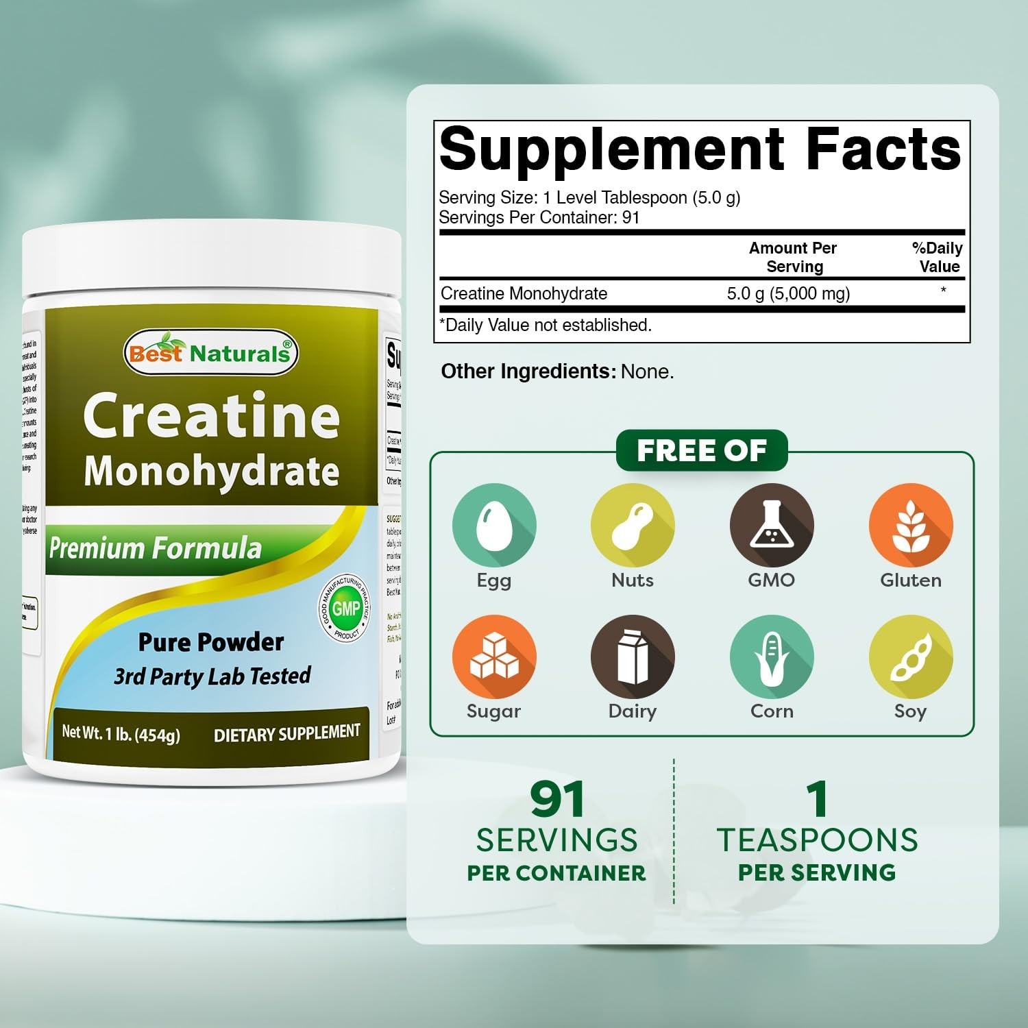 Pure Creatine Monohydrate Powder 1 lb – Muscle Gain, Energy Boost, Workout Suppl