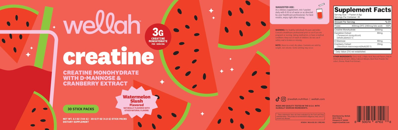 Wellah Creatine for Women (Watermelon Slush) 30 Stick 5.6 Ounce (Pack of 1)