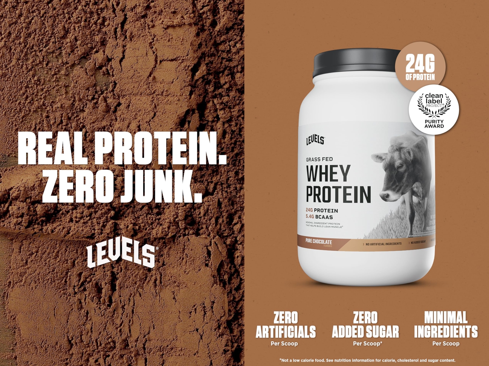WHEY PROTEIN POWDER Grass Fed Pure Chocolate 2lb LEVELS NUTRITION