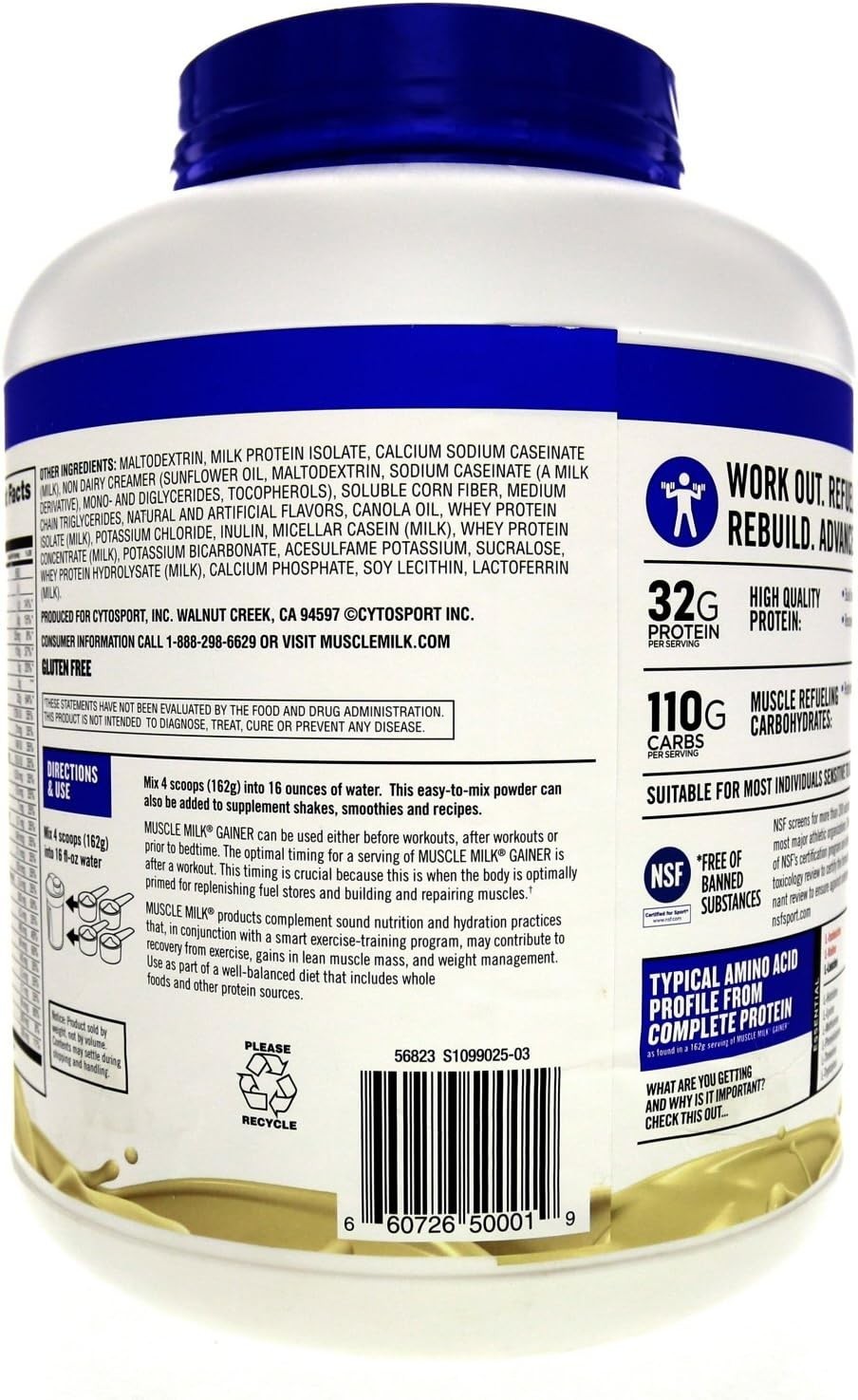 Muscle Milk Gainer Protein Powder, Vanilla Creme, 32g Protein, 5 Pound