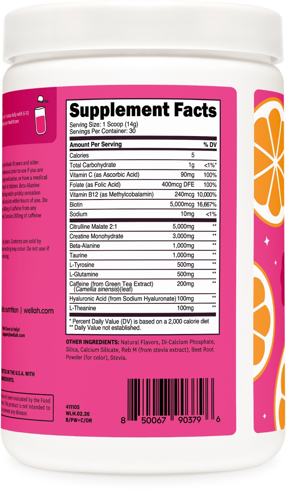 Wellah Pre-Workout + Creatine Powder (30 Servings) Orange Raspberry -3g Creatine