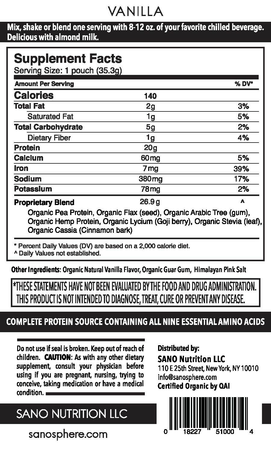 SANO Organic Vegan Plant-Based Protein Powder, Vanilla (14 Servings)
