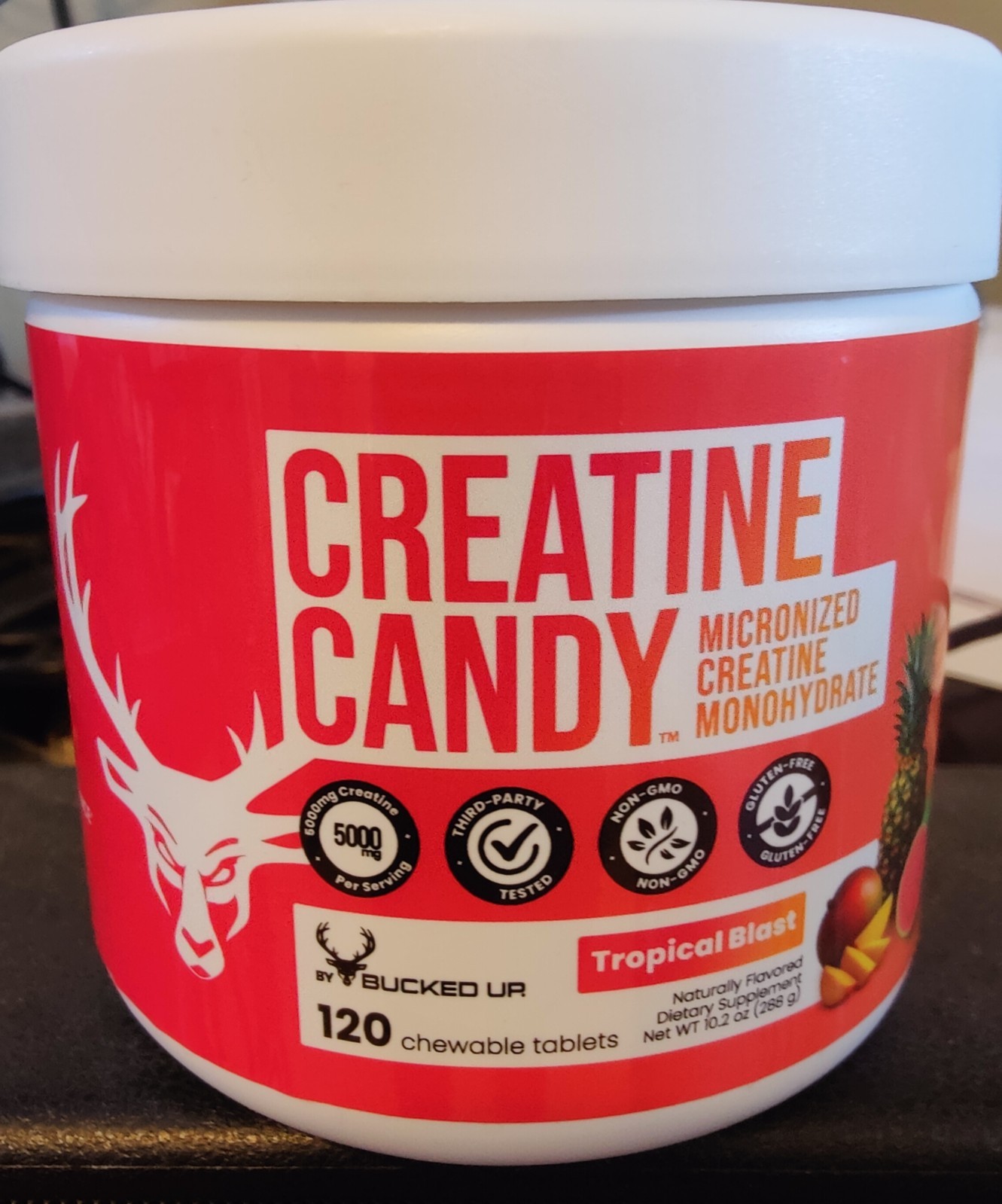 NEW BUCKED UP Creatine Candy 120 Chewable Tablets. Micronized. Tropical Blast !