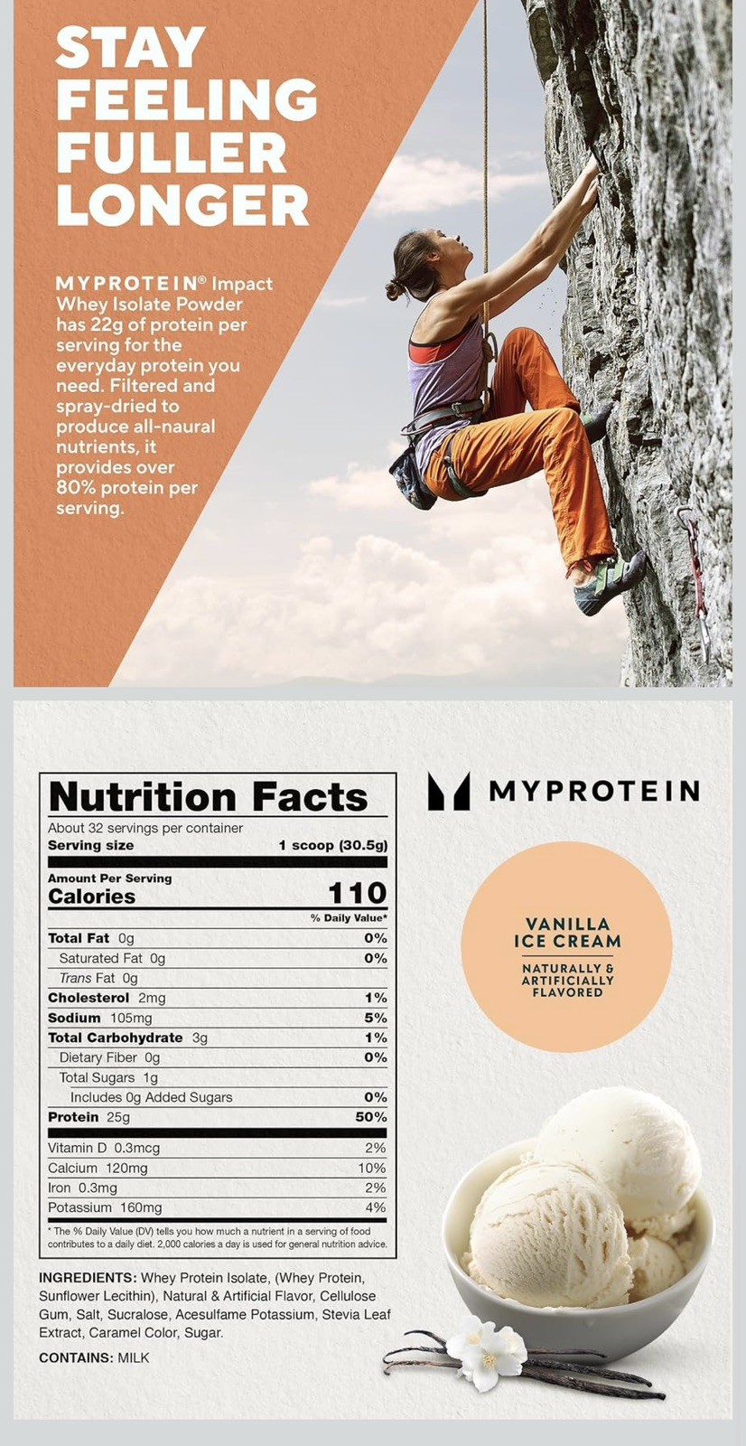 Myprotein Impact Whey Protein, 2.2 Lbs (40 Servings) Vanilla Ice Cream Flavor