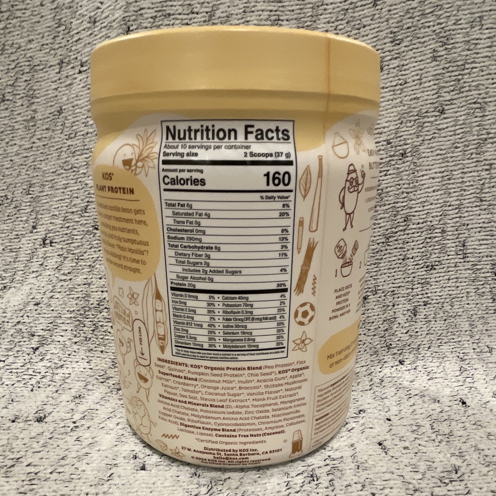 KOS Organic Non-GMO Plant-Based Protein Powder Vanilla, 13.05 oz (370g)