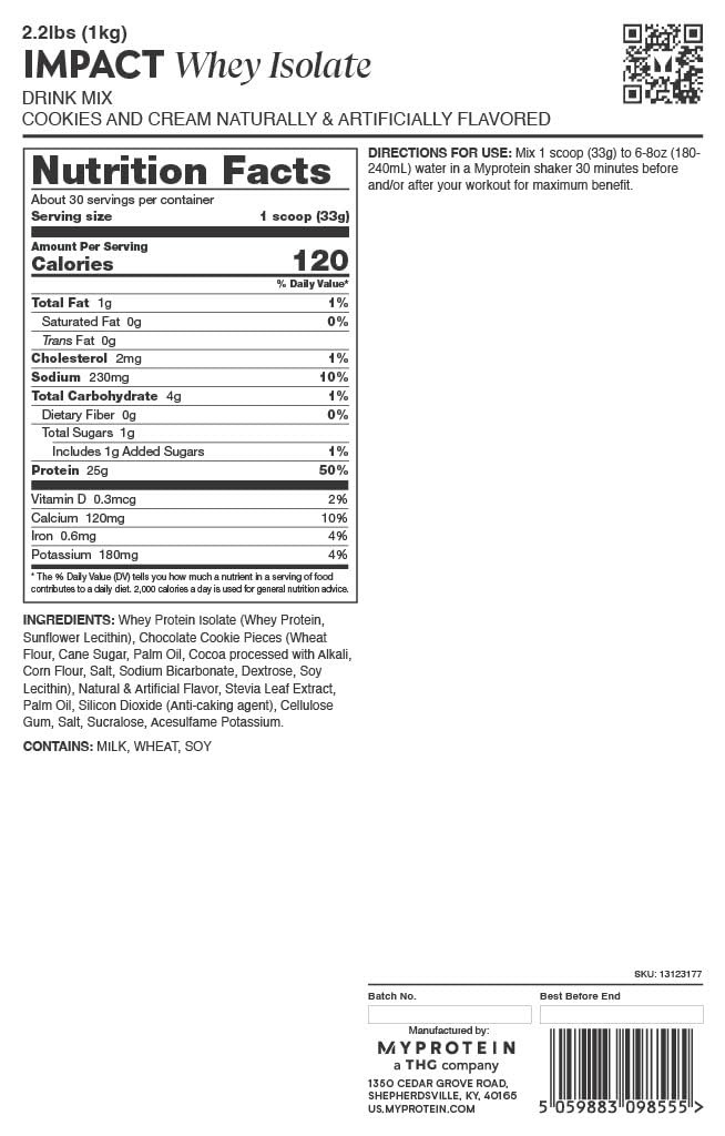Myprotein Impact Whey Protein Isolate 2.2 Lbs 40 Servings Cookies Cream 19G