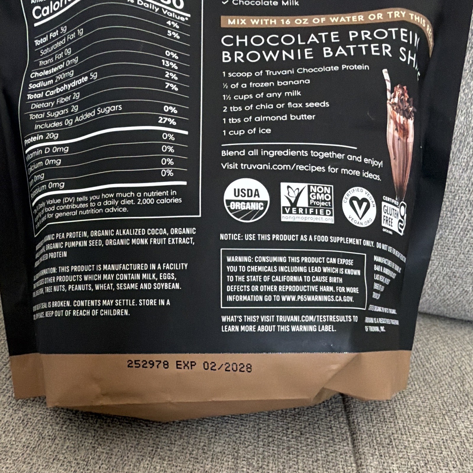 Truvani Certified Organic Vegan Plant-Based Protein Powder, Chocolate, 23.63 oz
