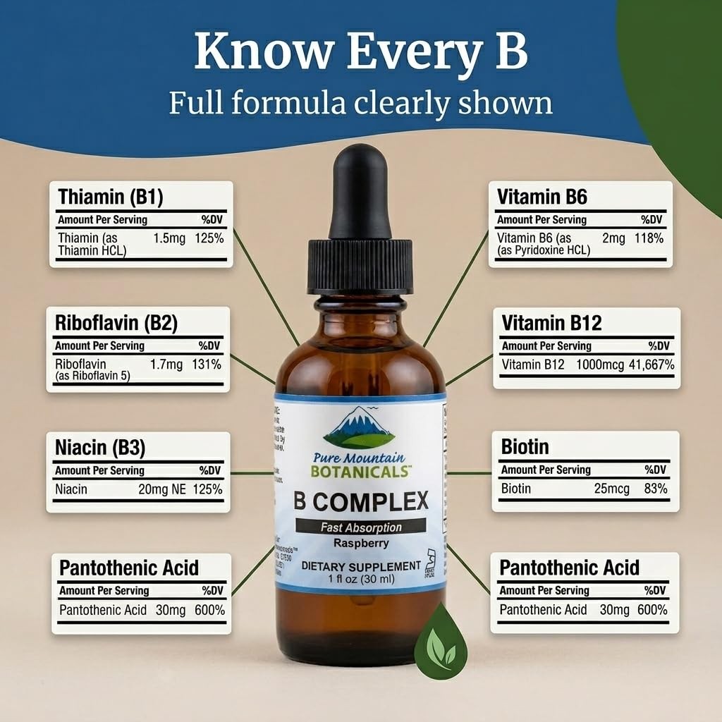 Pure Mountain Botanicals Liquid Vitamin B Complex – B12 B6 Drops – Raspberry