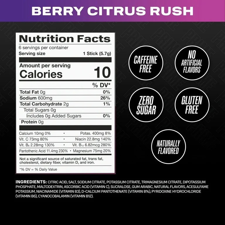 Prime Rapid Rehydration Sticks, Berry Citrus Rush, 6 Count, Box