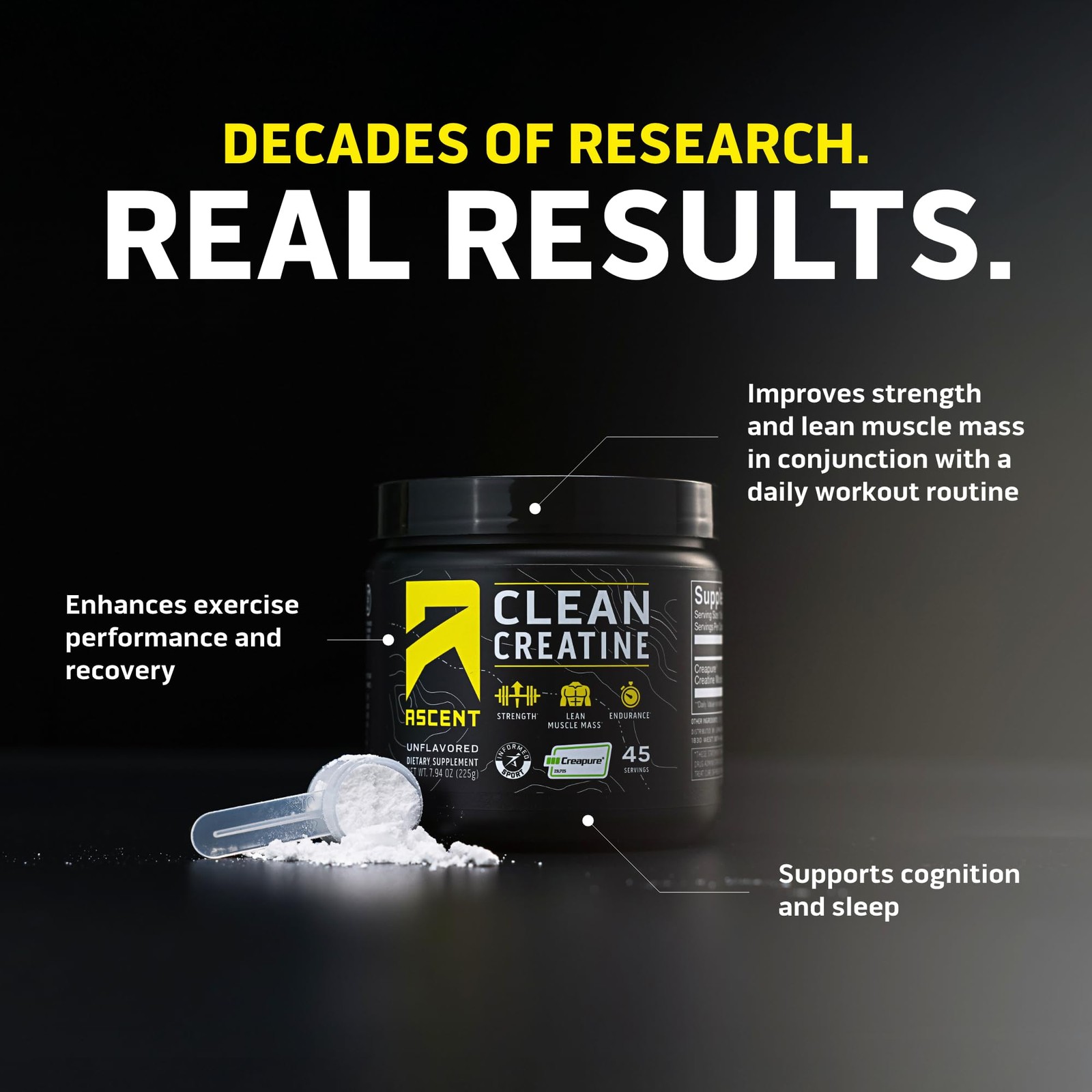 Ascent Clean Creatine Monohydrate Powder – 5G Per 45 Servings (Pack of 1)