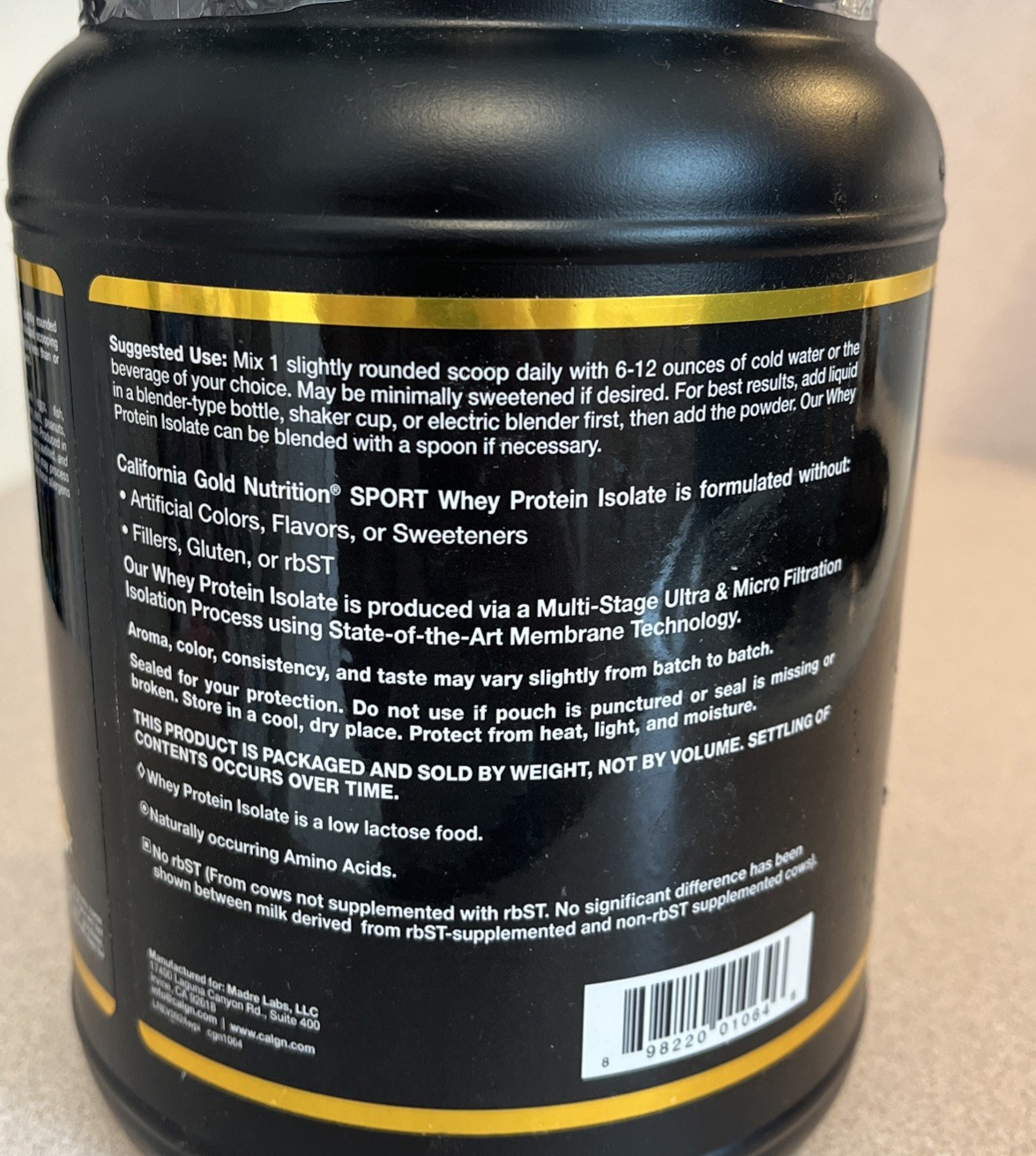 California Gold Nutrition Whey Protein Isolate Unflavored 1 Pd Sealed Ex 10/27