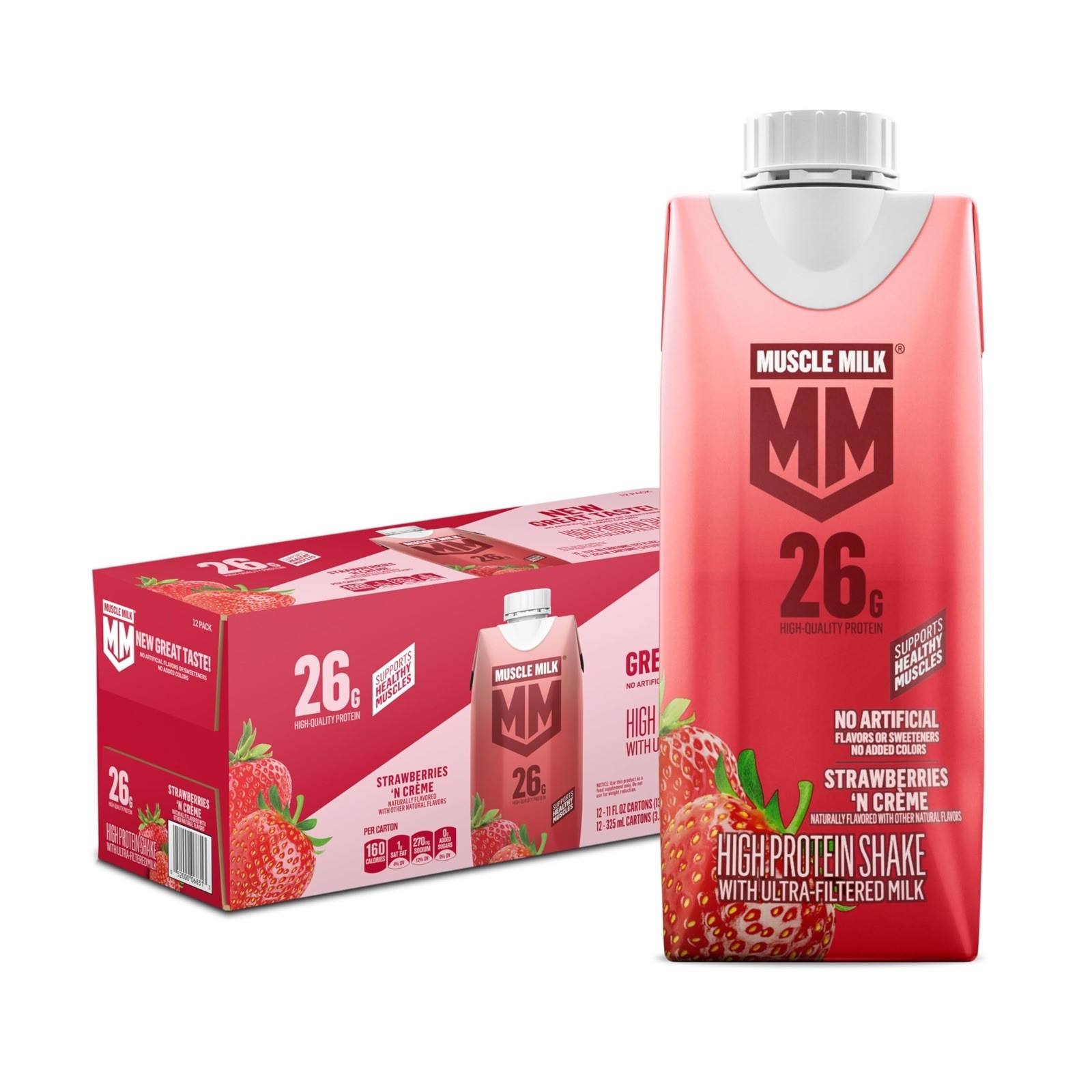 Muscle Milk High Protein Shake, Strawberry 🍓 11 fl oz Cartons, (12 Pack)
