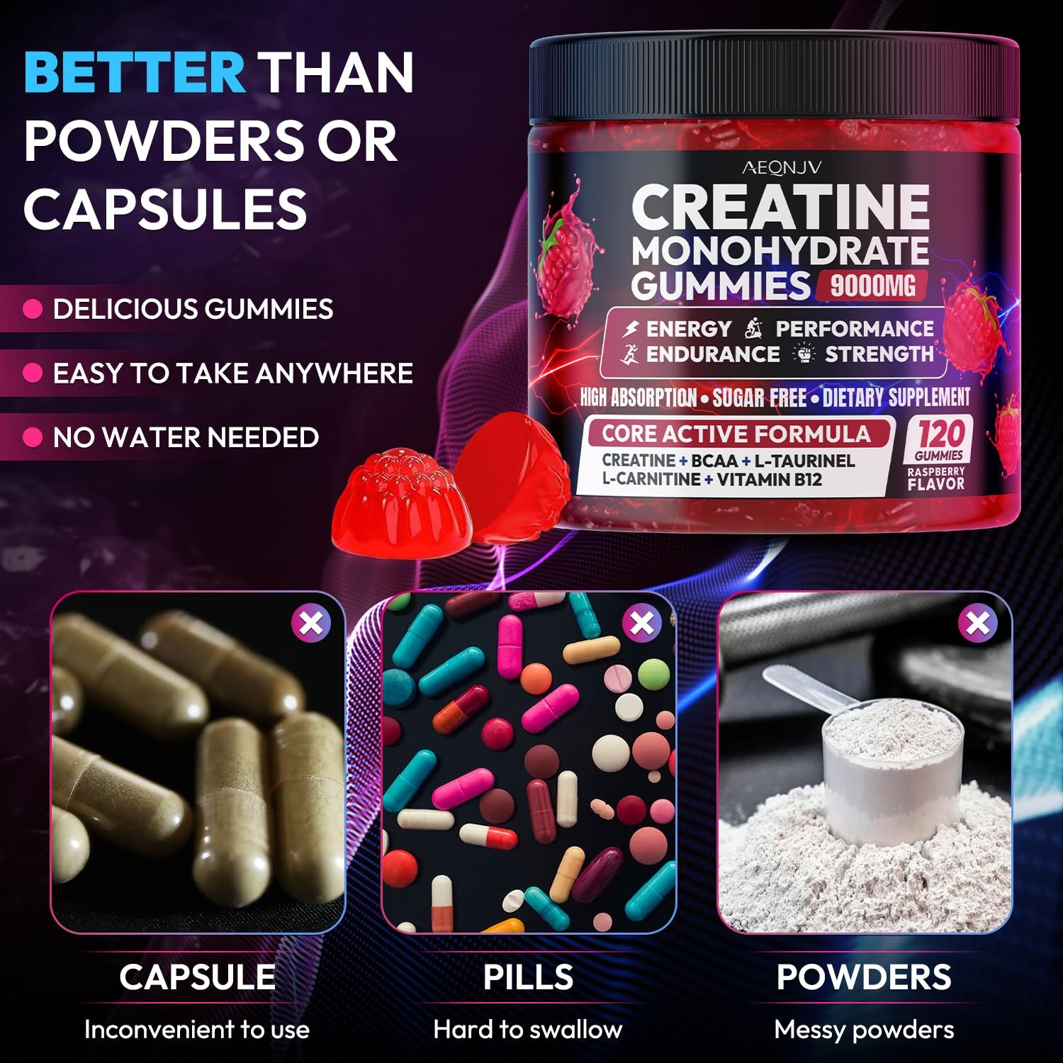 AEQNJV Creatine Gummies 9000mg with BCAA, Taurine & B12 for Strength & Energy