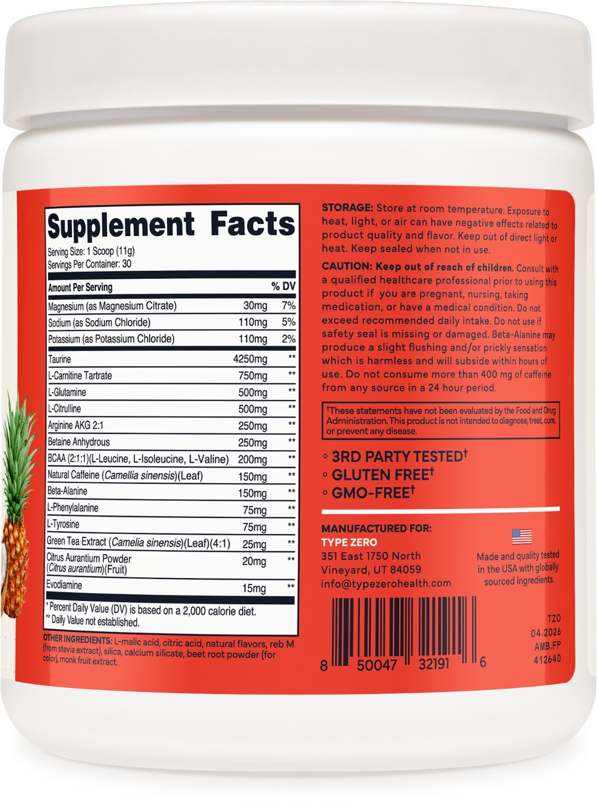Type Zero Amino Burn Vegan BCAA + Pre Workout (Fruit Punch) 30 Servings