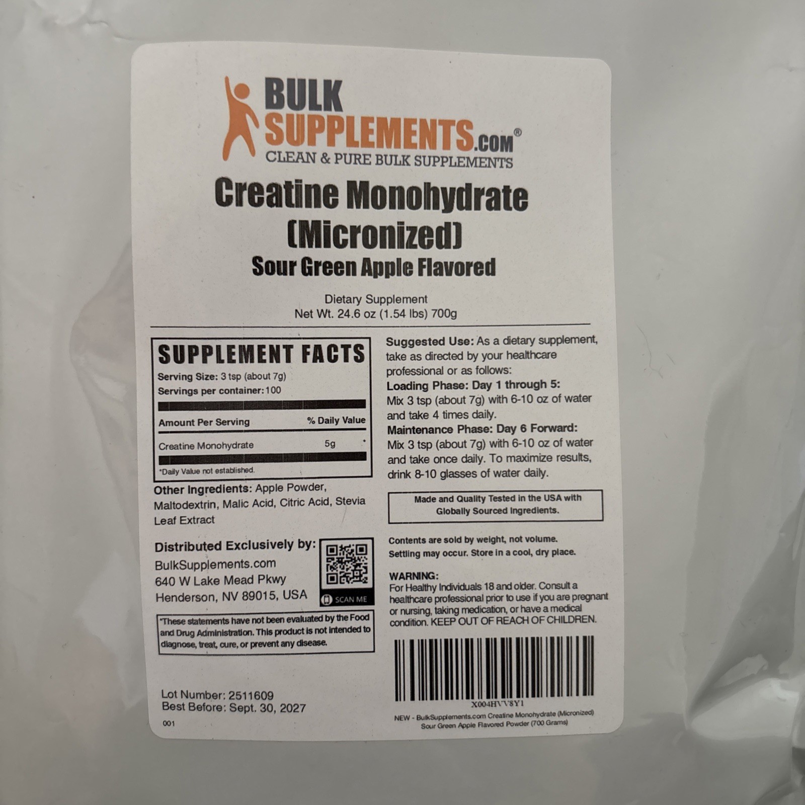 BulkSupplements Creatine Monohydrate Powder – Sour Apple – 7g per Serving