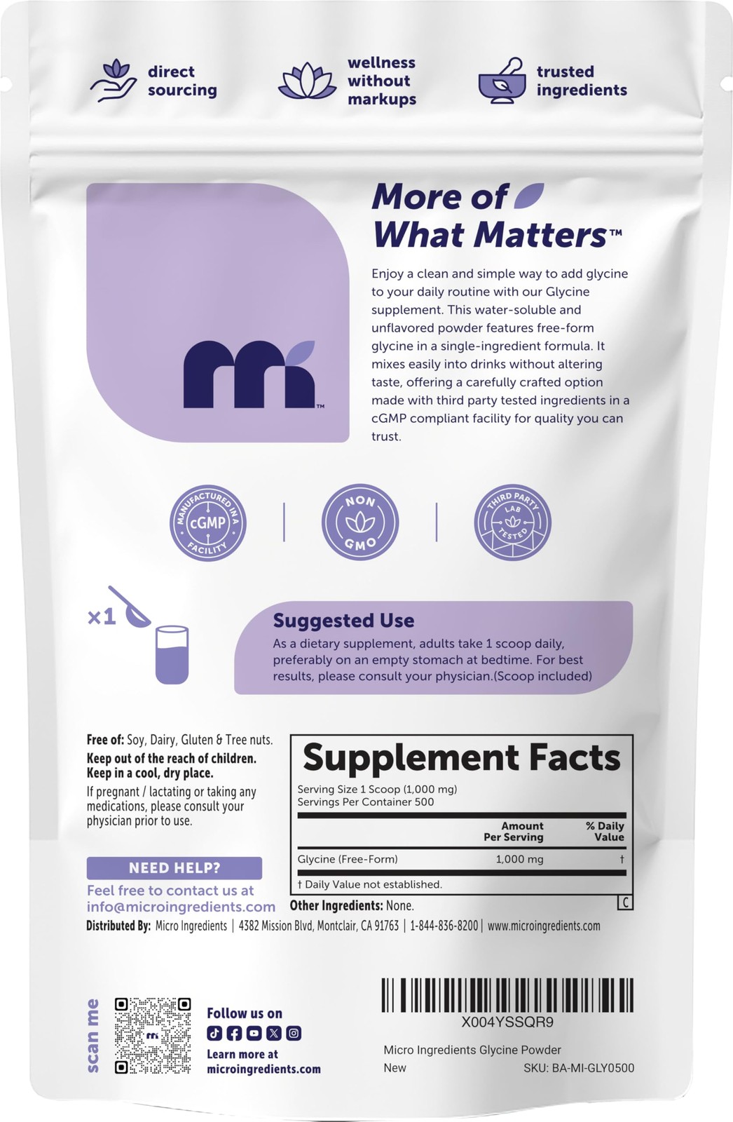 Micro Ingredients Glycine Powder, 500 g 1.1 Pounds, Glycine 1000mg Per Servin…