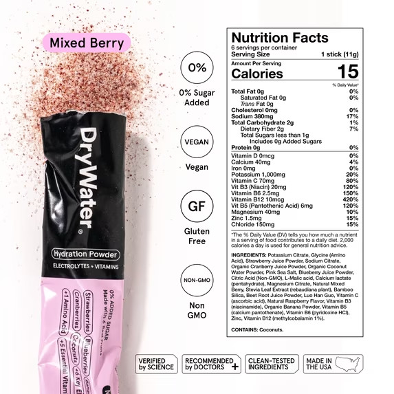 DryWater Hydration Powder, Mixed Berry, 6 Pack