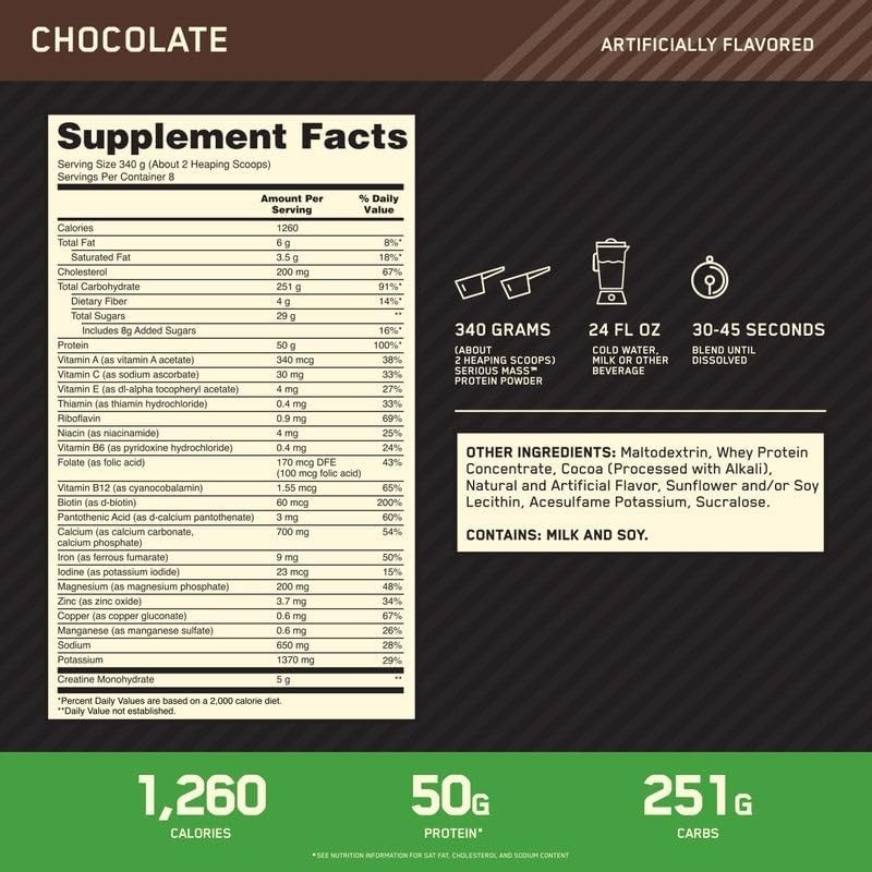 Serious Mass Chocolate Gainer – Vegetarian Friendly, 50g Protein & Vitamins, 6lb