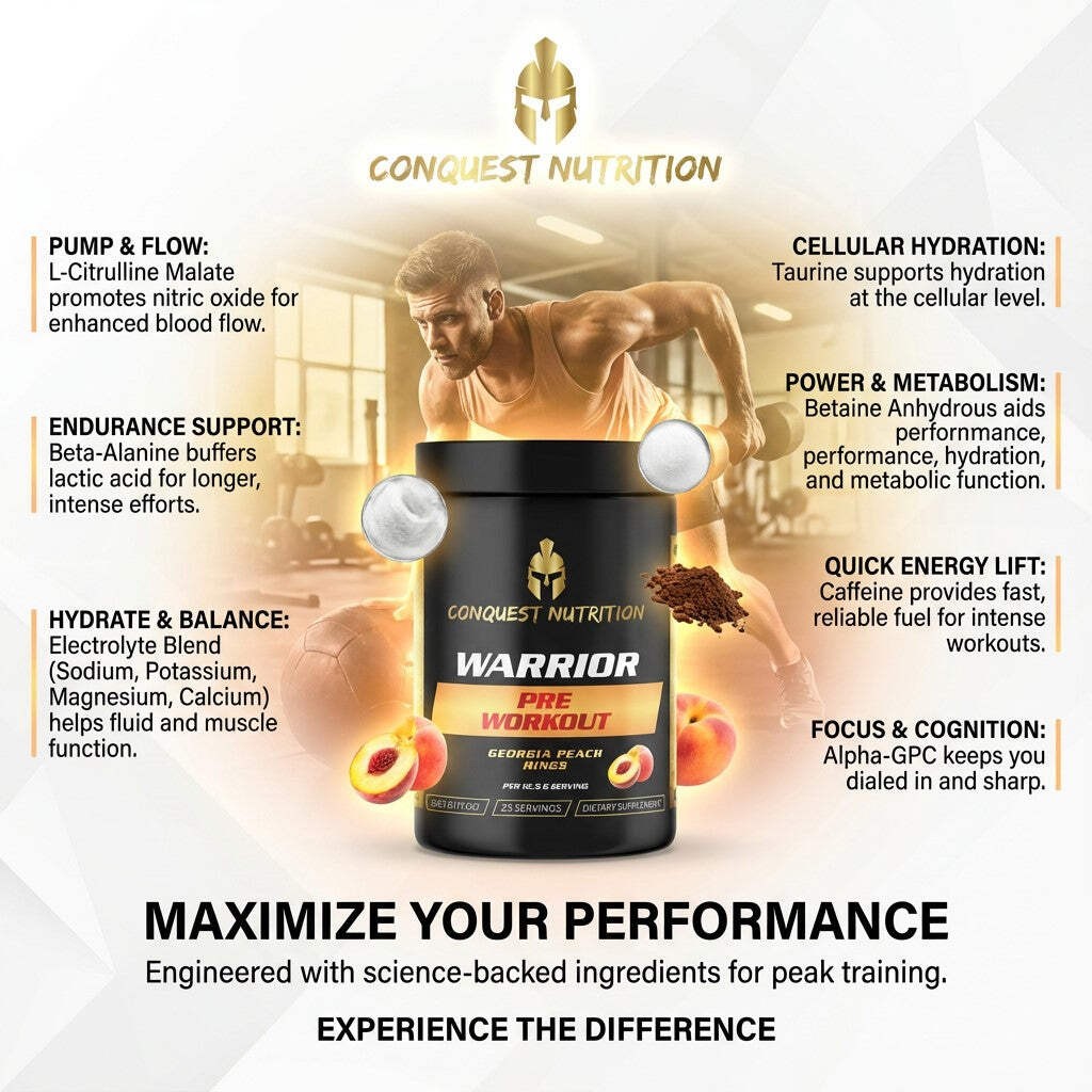 Conquest Warrior Pre Workout Georgia Peach Rings 25 Servings Energy Focus Pump