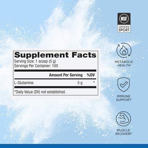 Unflavored L-Glutamine Powder, 17.6 oz, 100 Servings, Non-GMO, NSF Certified, 5g