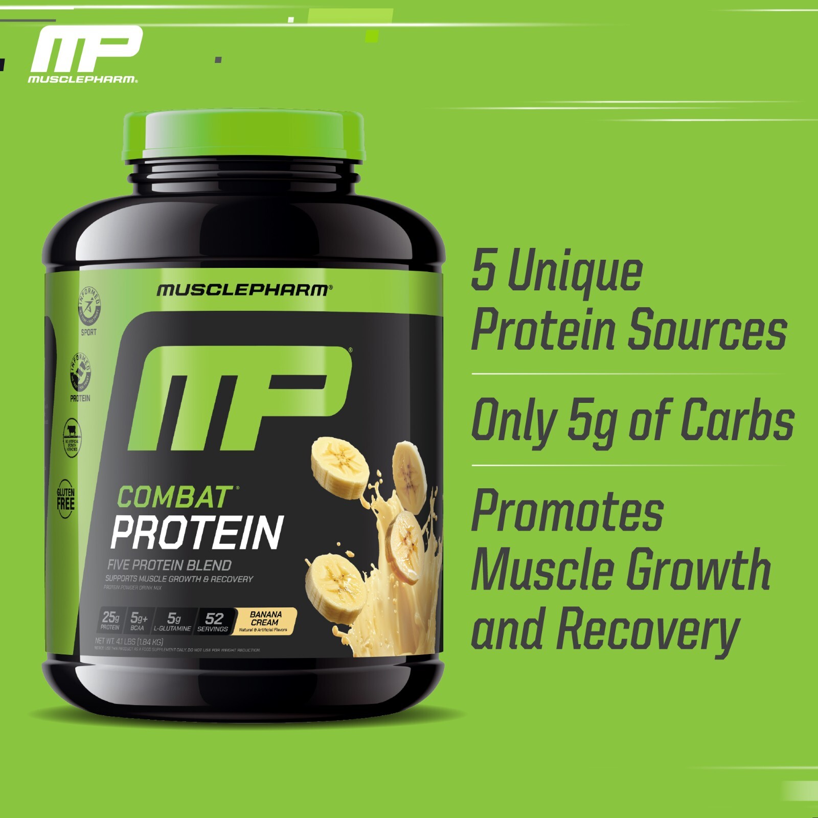 MusclePharm Combat Protein Powder – 4 lb, 52 Servings, Banana Cream