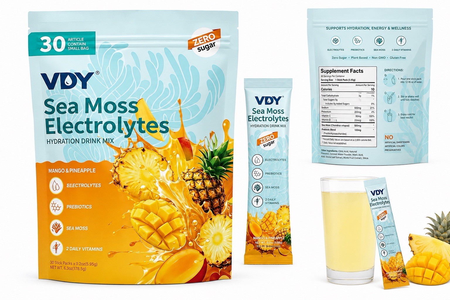 VDY Sea Moss Electrolytes Drink Mix Mango Pineapple 30 Sticks Zero Sugar New