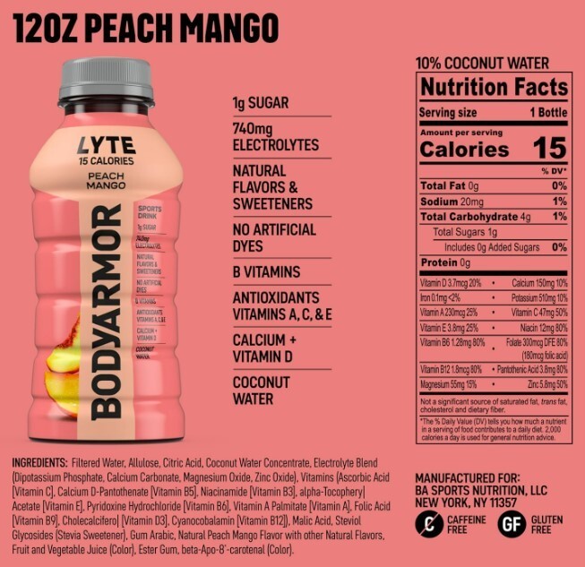 BODYARMOR LYTE Sports Drink Low-Calorie Sports Beverage, Peach Mango, 12 fl oz