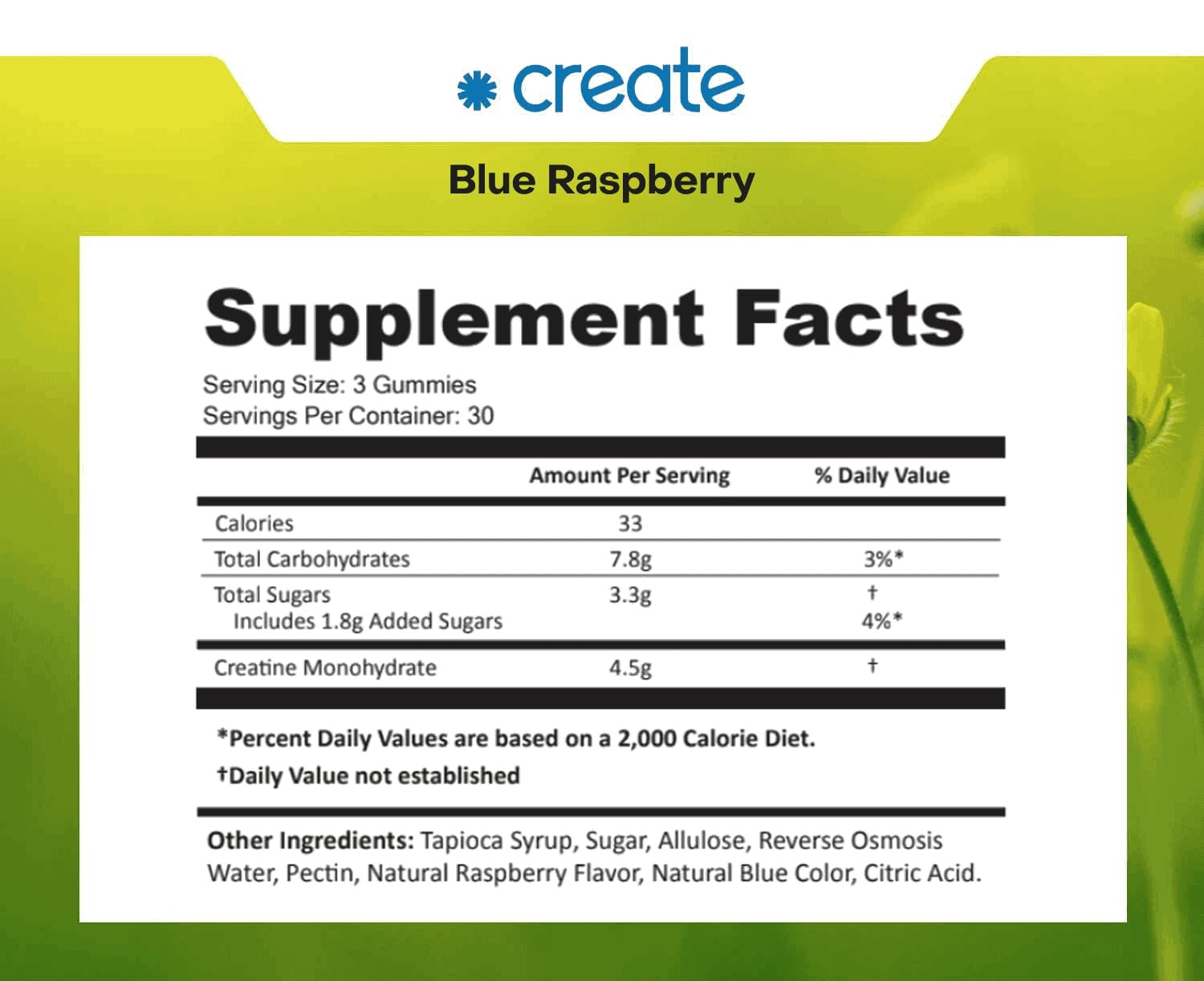Create Creatine Gummies 1.5g Focus Strength Endurance Vegan Blue Raspberry 90ct