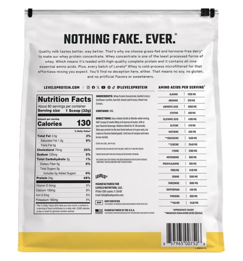 Levels Grass Fed Whey Protein, Vanilla Bean, 5.64 lbs