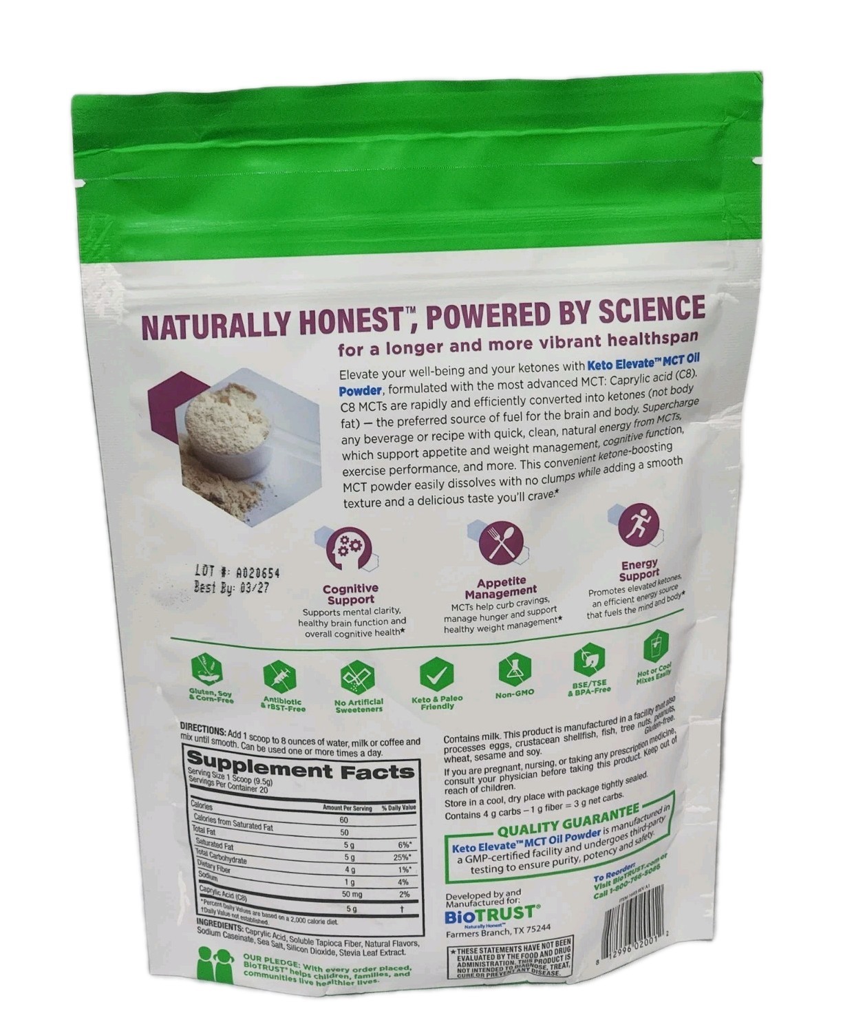 BioTrust Keto Elevate C8 MCT Oil Powder Hazelnut 6.35oz BB 03/2027 New