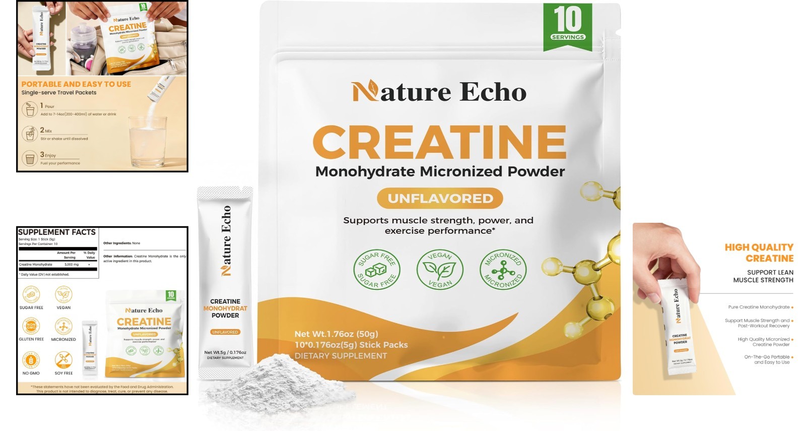 High-Quality Creatine Monohydrate – 10 Travel Packs for On-the-Go Muscle Energy