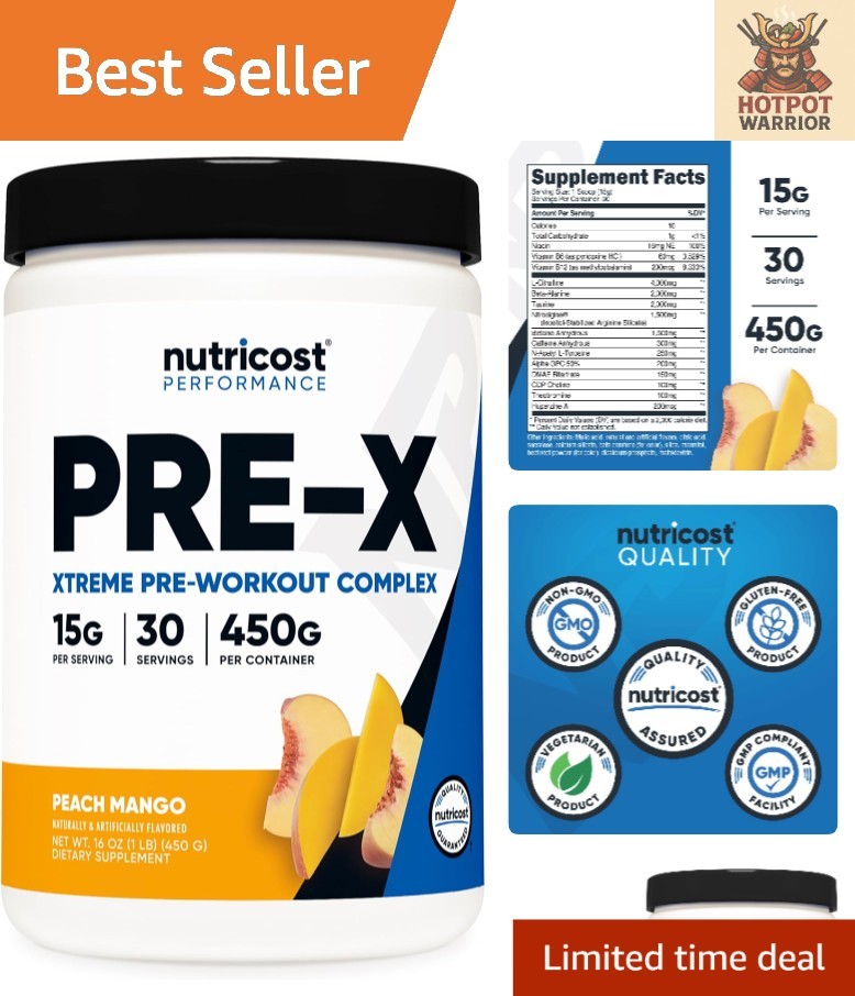 15.9 Oz Peach Mango Pre-Workout Powder – Vegetarian Energy Booster, 30 Servings