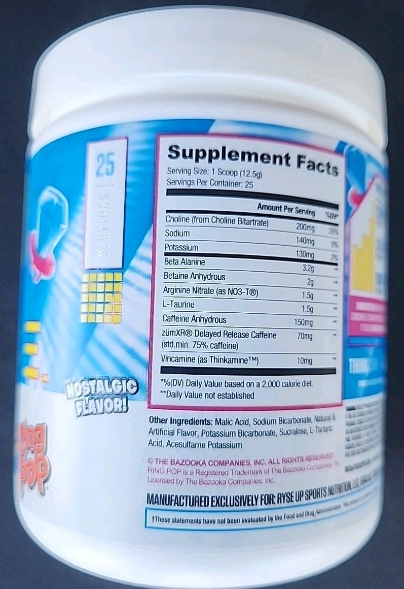 RYSE Pre Workout Powder 25 Servings Blue Raspberry Ring Pop 11.0 oz Exp 08/26