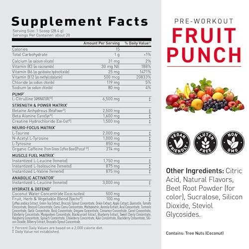 Fruit Punch Pre Workout Powder – Creatine, Beta Alanine, L-Citrulline, BCAAs, 27